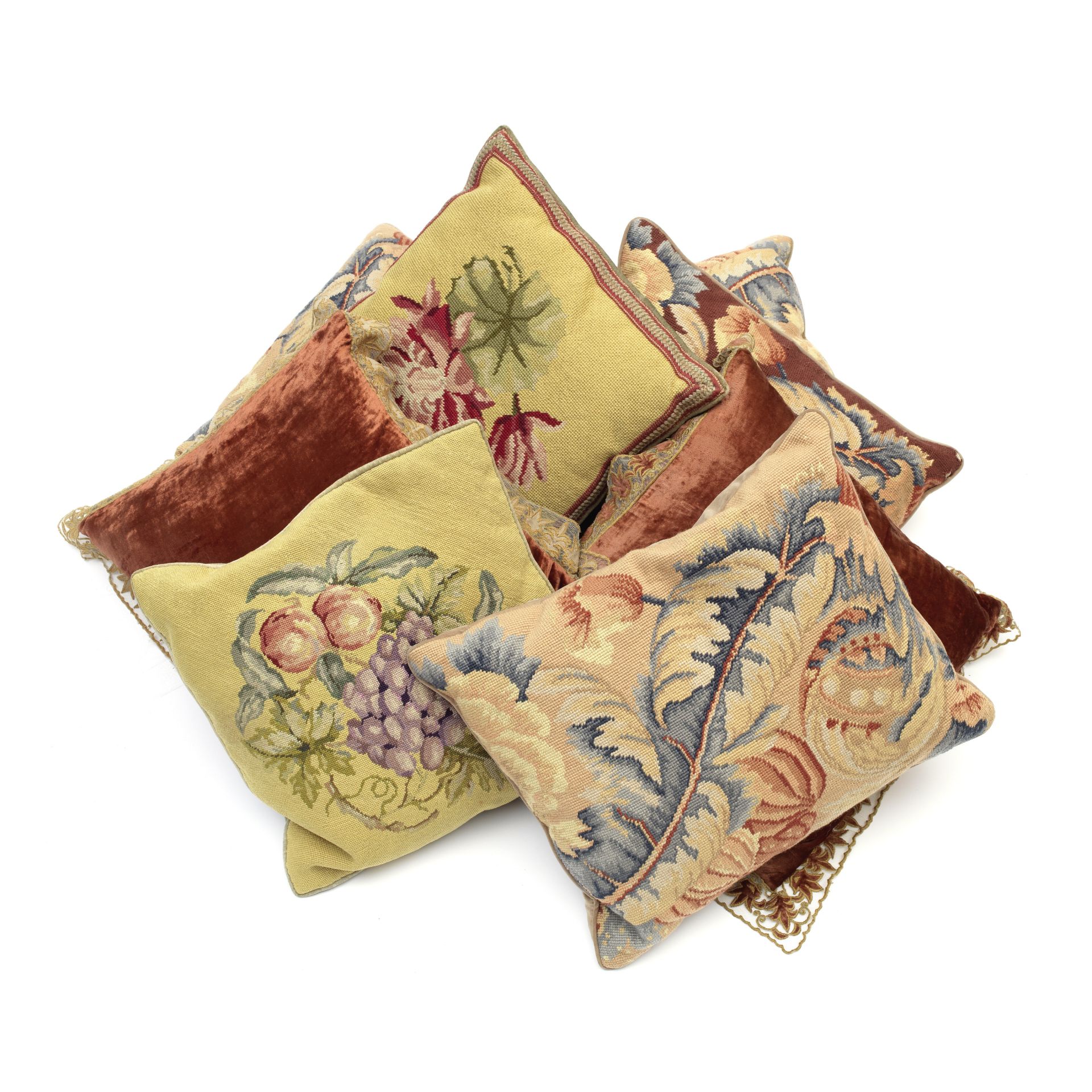 A collection of eight various needlework and velvet cushions 19th century and later (8)