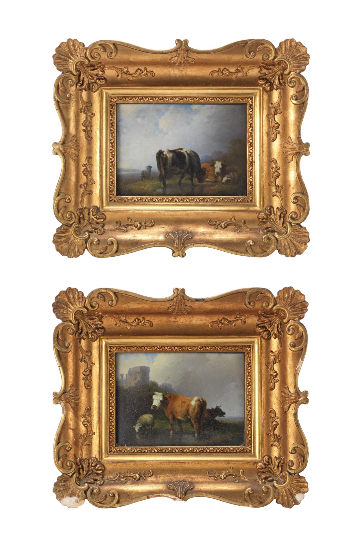 Manner of Paulus Potter Cows and sheep in a landscape And another similar, a pair, 12.5cm x 17cm.