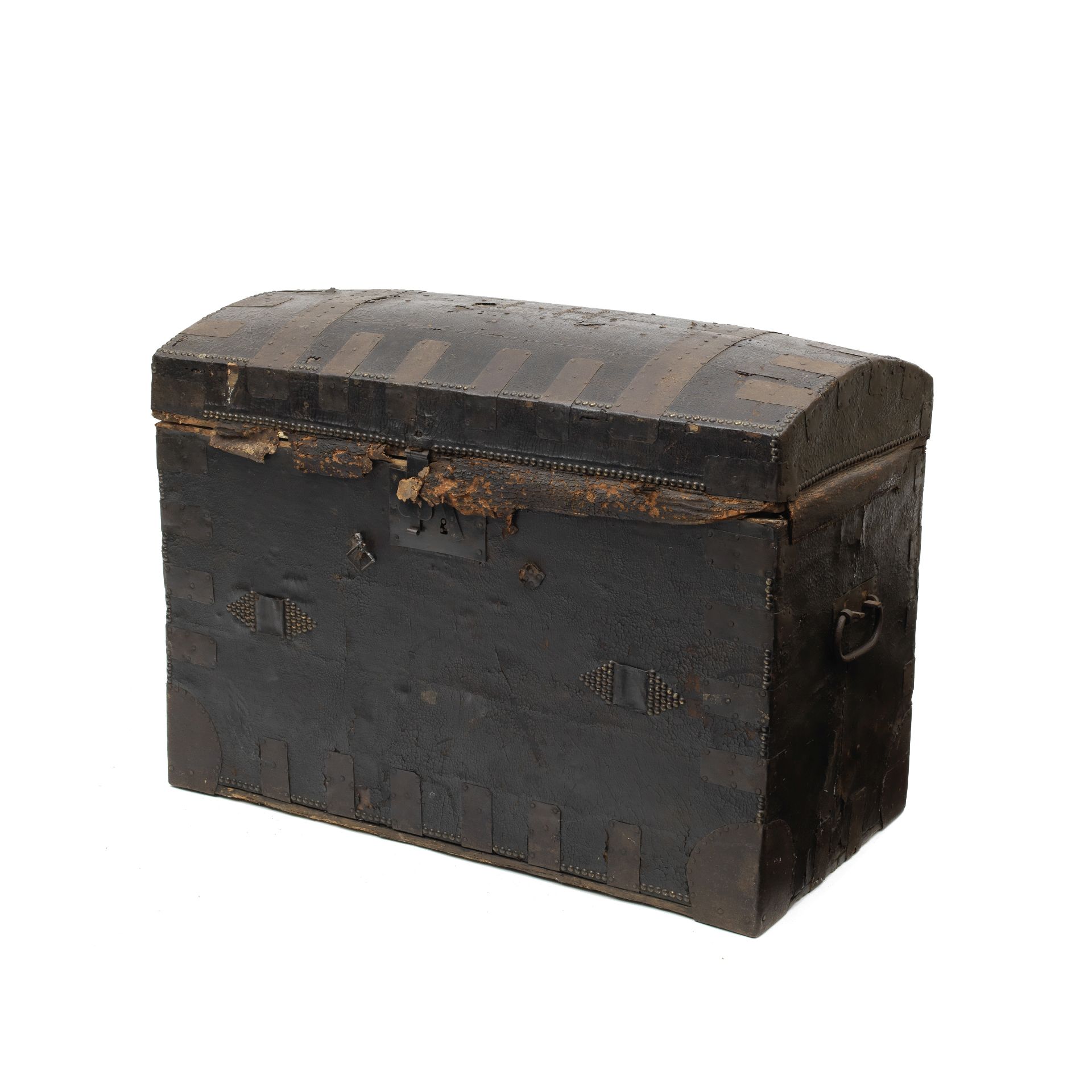 A George III leather mounted, iron bound and brass close nail decorated dome top trunk Made by W...