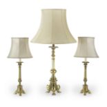 A Pair of Brass Table Lamps and a Large Brass Church Picket candlestick adapted to a Table Lamp (3)