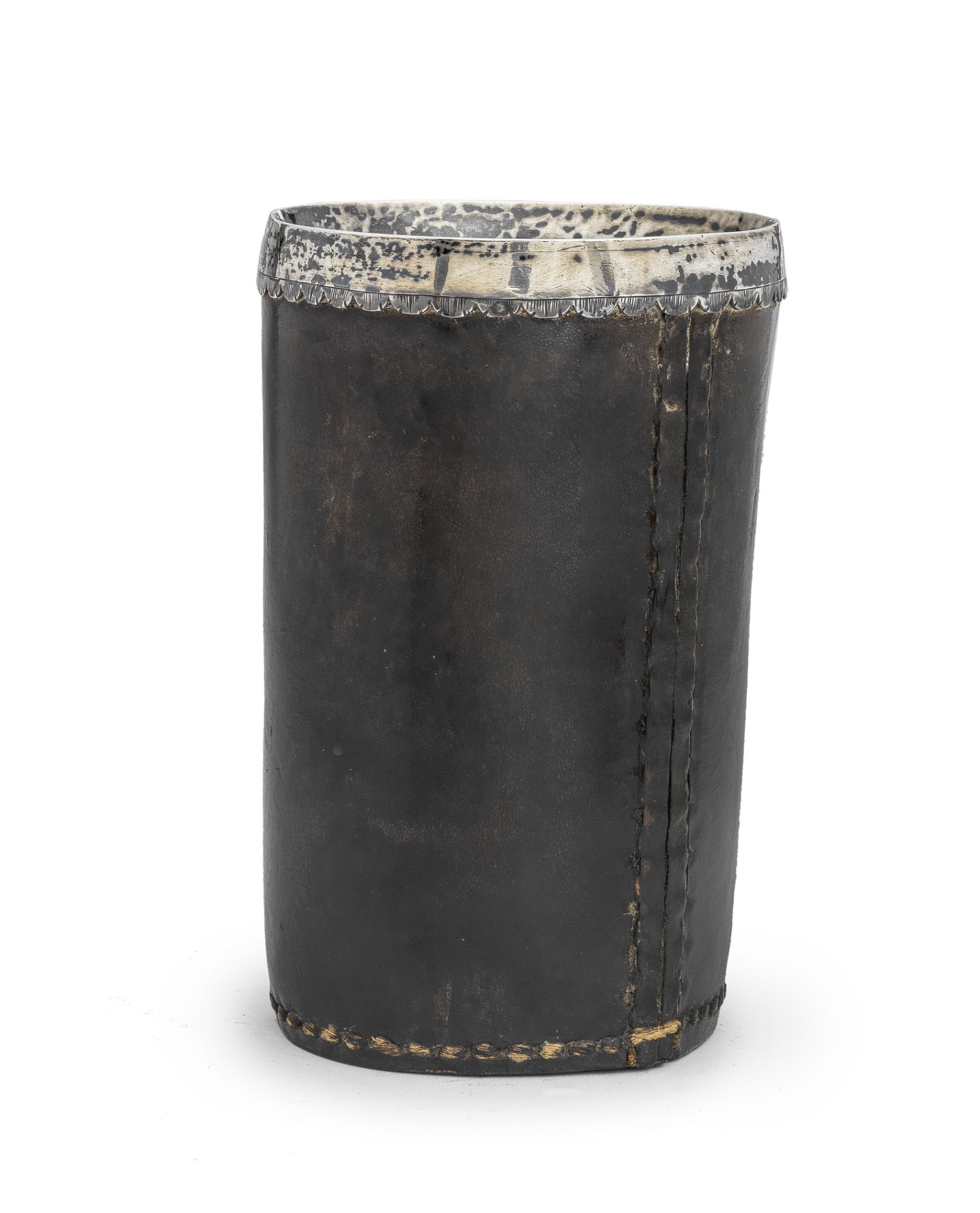A late 17th / early 18th century white metal mounted leather beaker