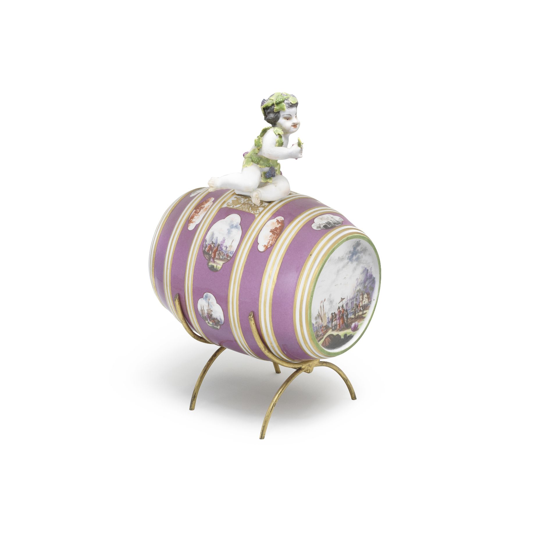 A rare Meissen purple-ground spirit barrel and figural stopper, circa 1740-45