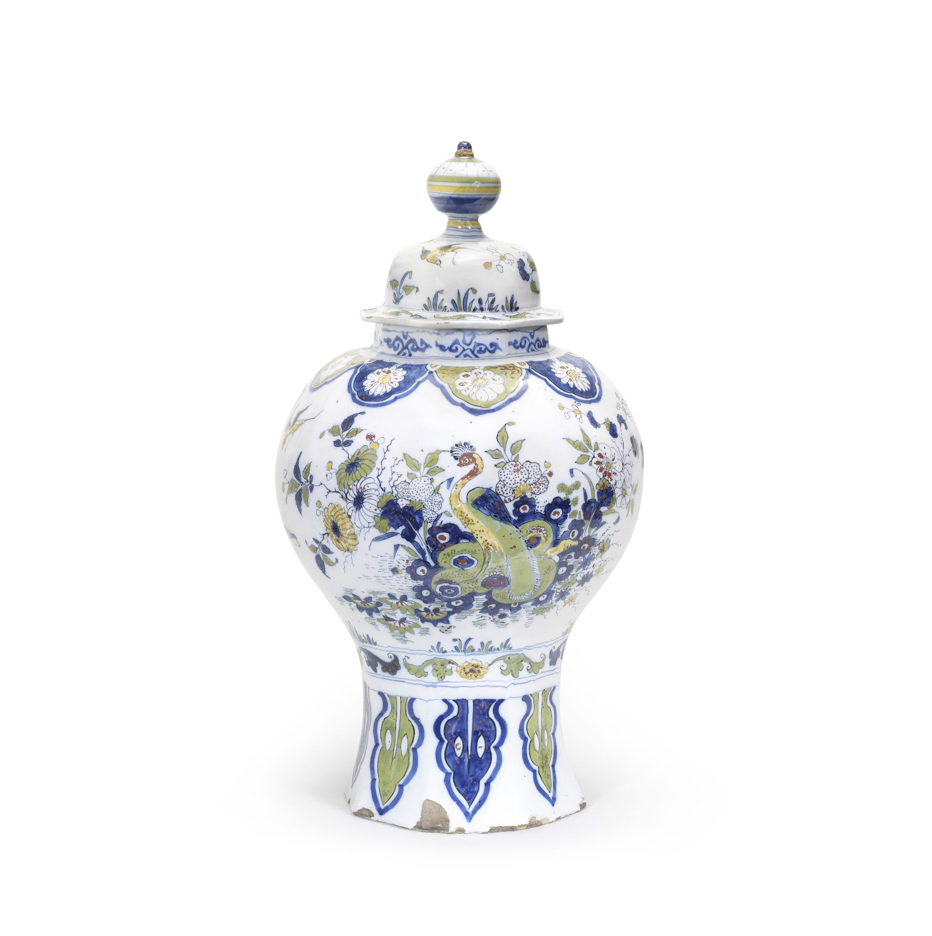 A large Dutch Delft baluster vase and cover, De Paauw factory, circa 1700