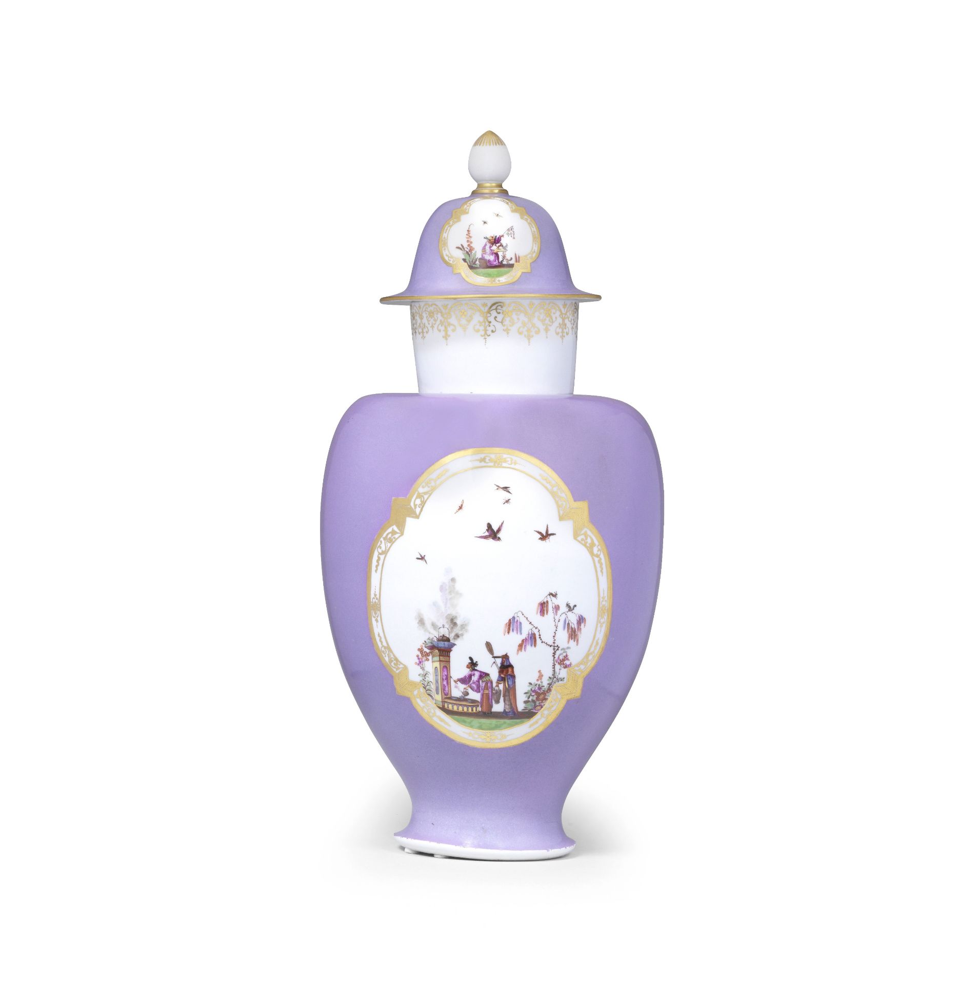 A Meissen lilac-ground Augustus Rex vase and cover, circa 1730