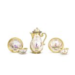 A Meissen Hausmaler gold-ground silver-gilt-mounted coffee pot and cover and two teabowls and sau...