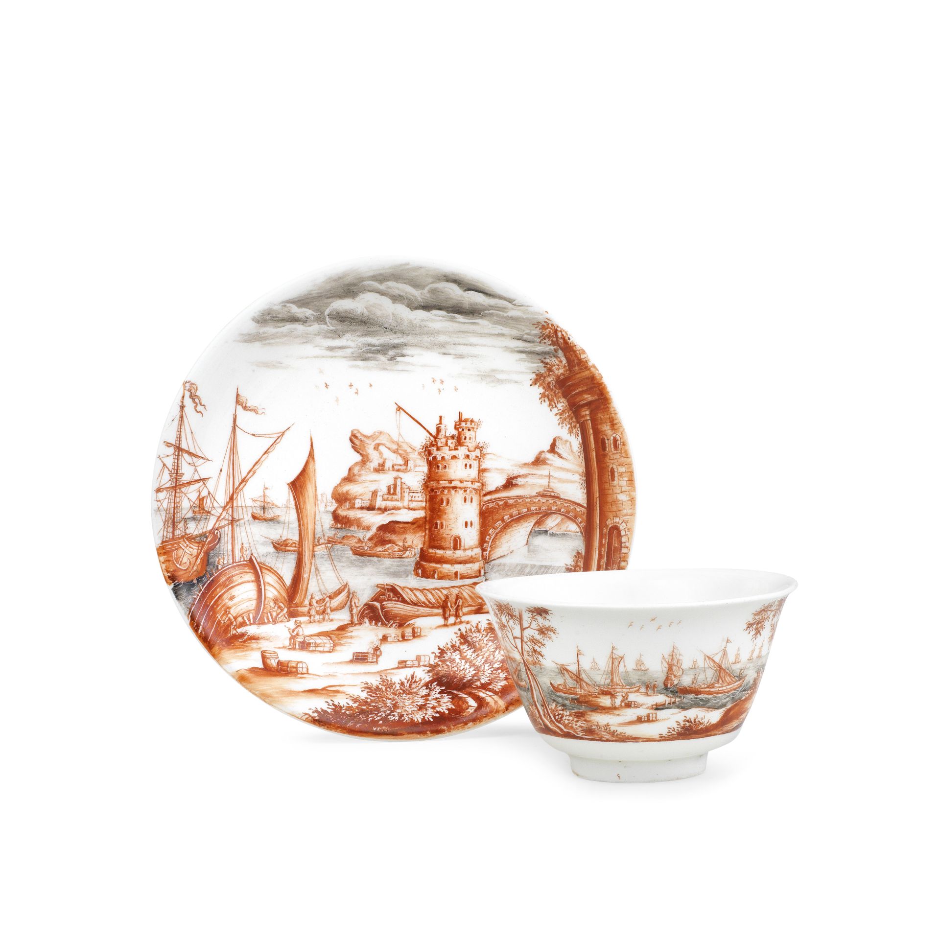 A rare Meissen Hausmaler teabowl and saucer, circa 1720-30