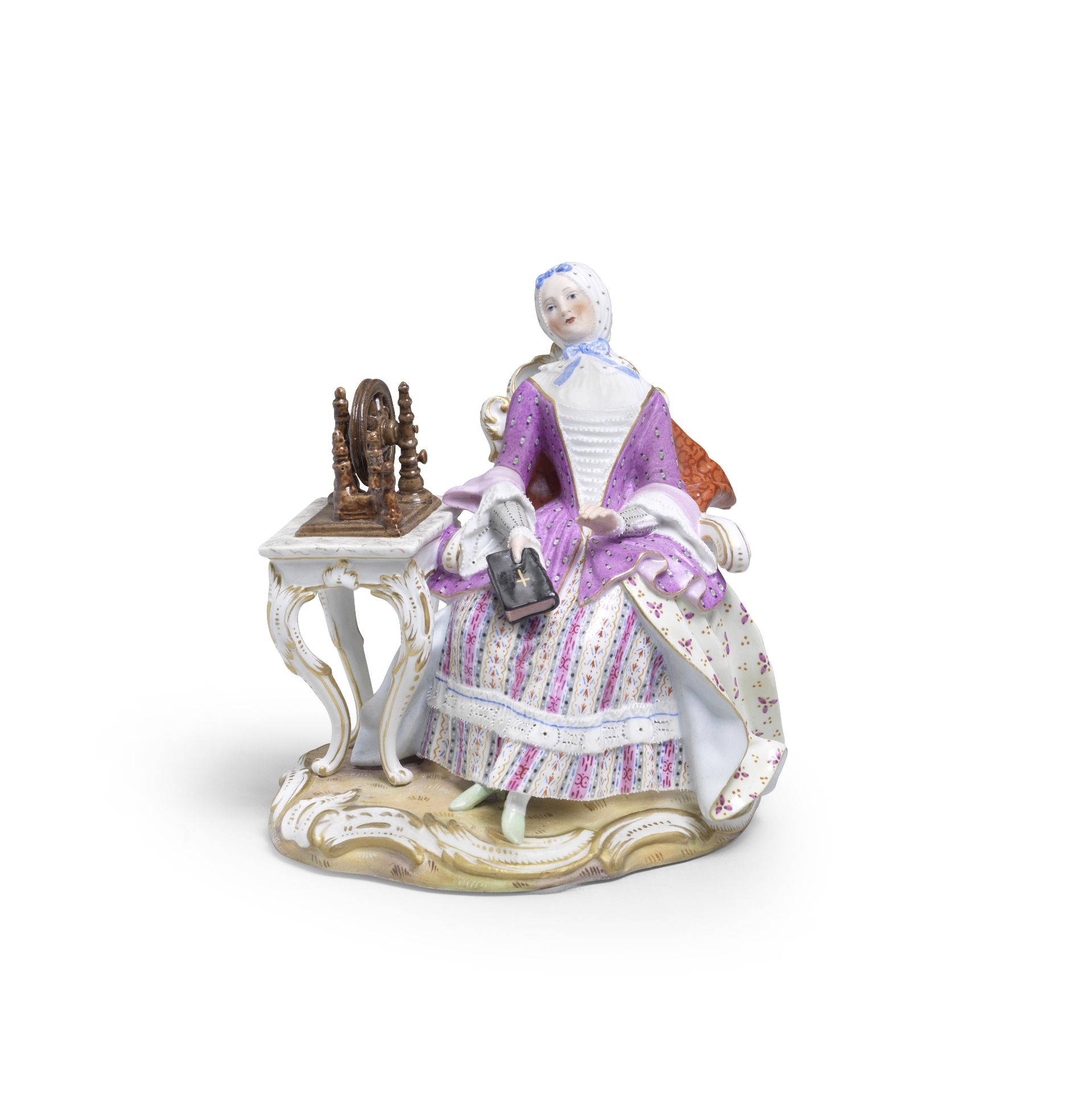 A Meissen figure of a lady at a spinning wheel, late 19th century