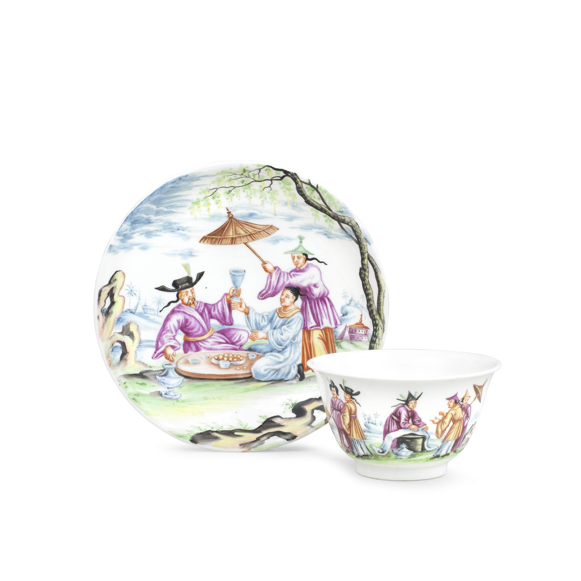 A rare Meissen Hausmaler teabowl and saucer, circa 1720-30