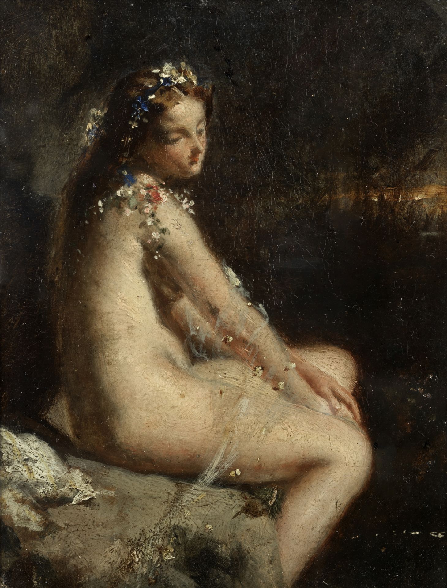 Attributed to William Etty, RA (British, 1789-1849) Nude with a headdress of flowers, seated on a...