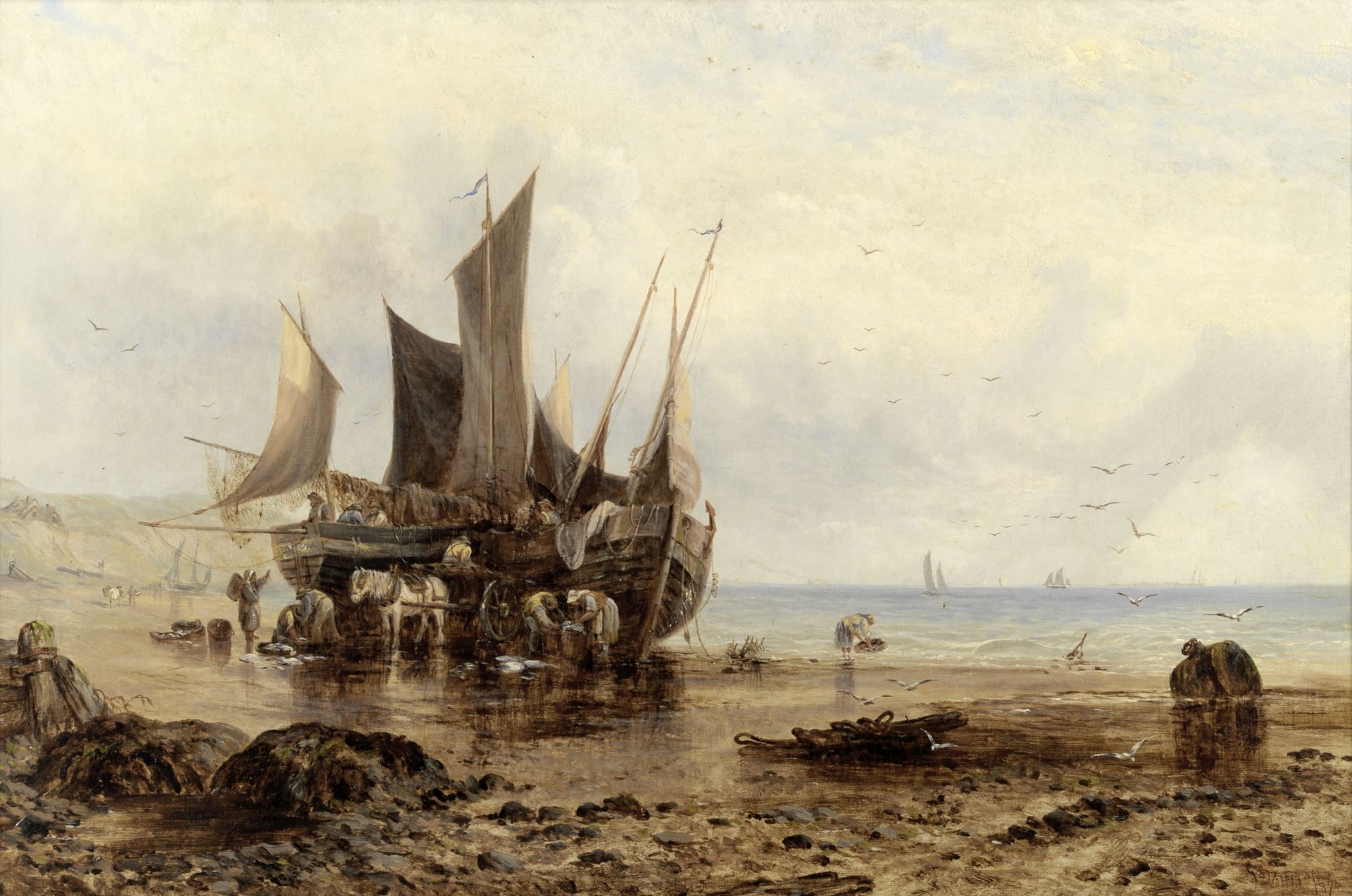 George Stainton (British, active 1866-1890) Fishing boats unloading
