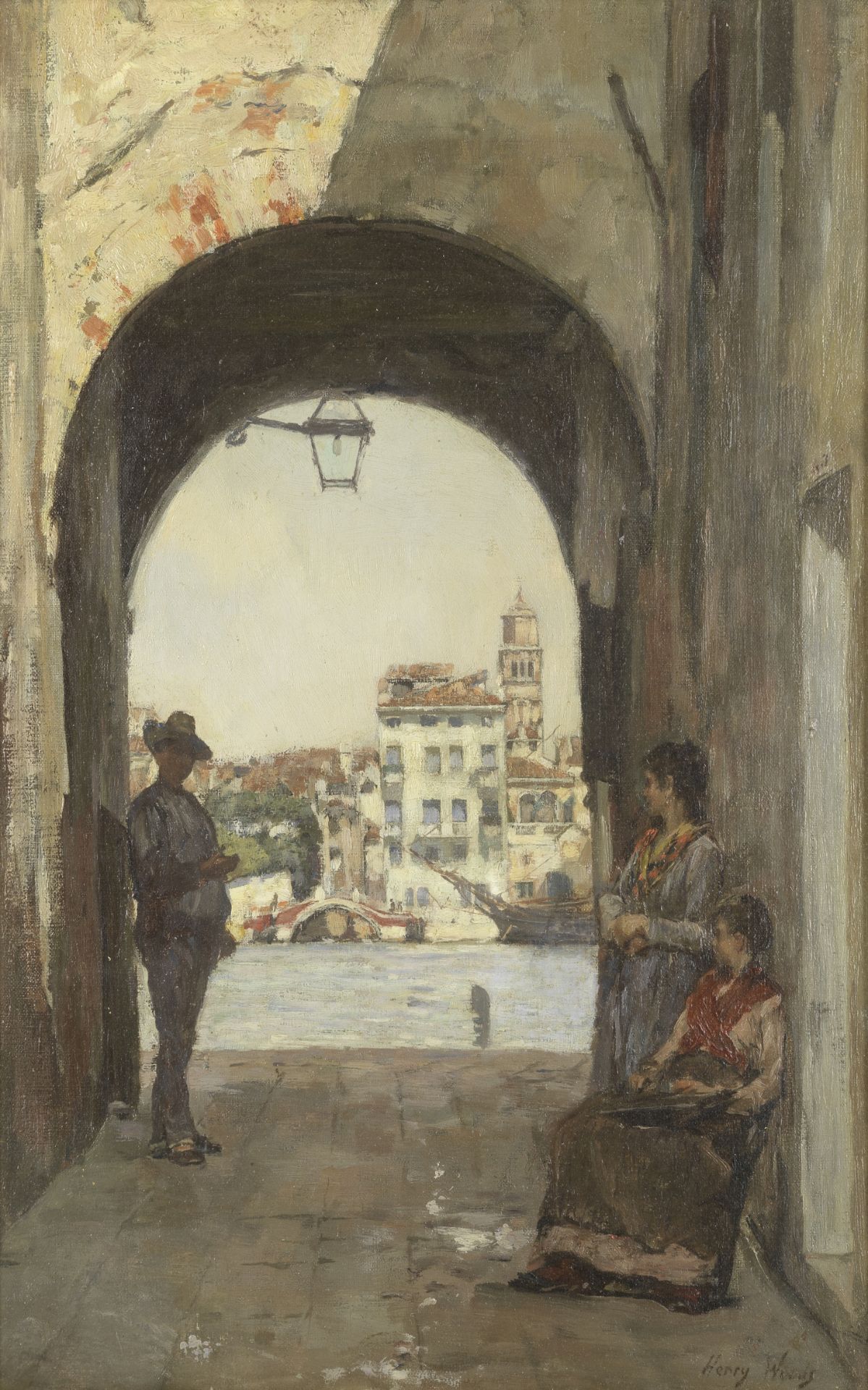 Henry Woods, RA (British, 1846-1921) An archway, canal beyond, Venice