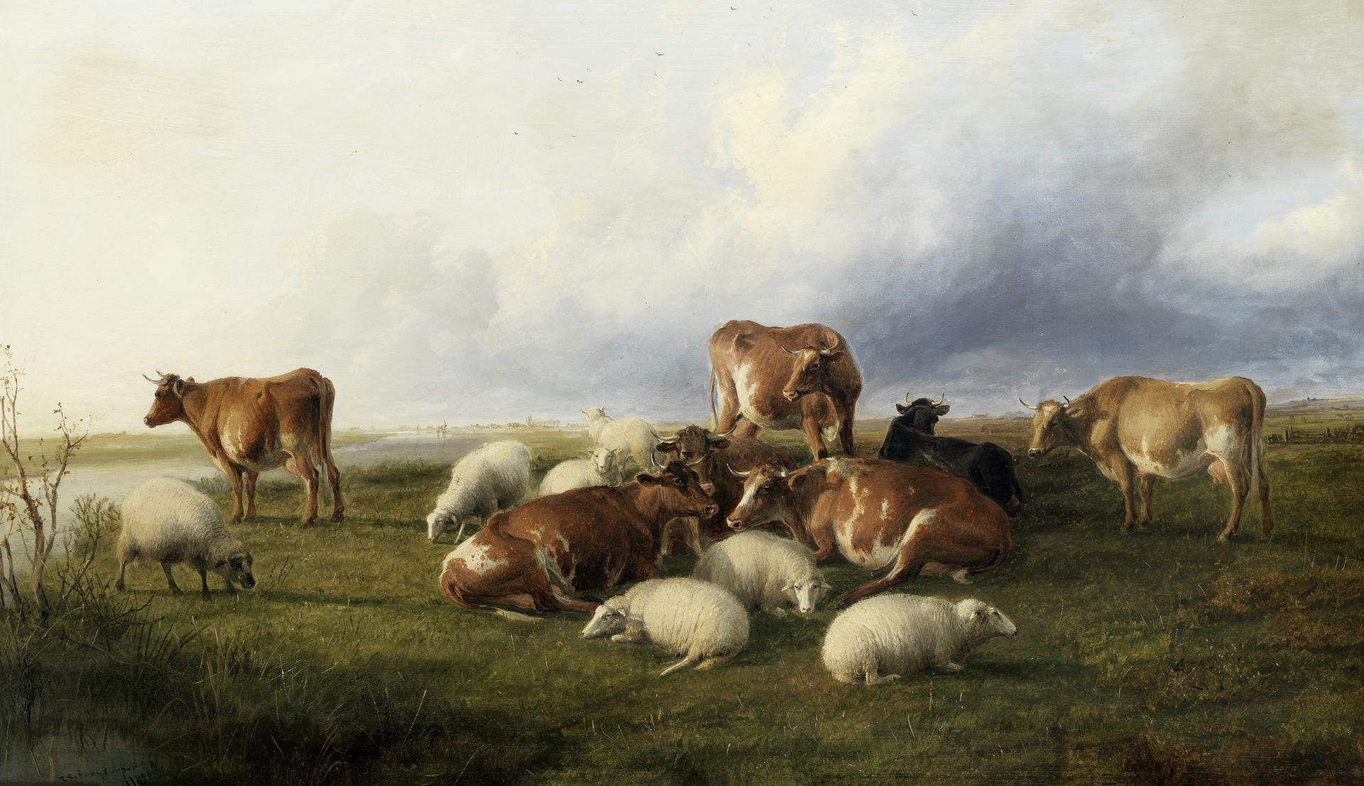 Thomas Sidney Cooper RA (British, 1803-1902) Cattle and sheep on Canterbury meadows