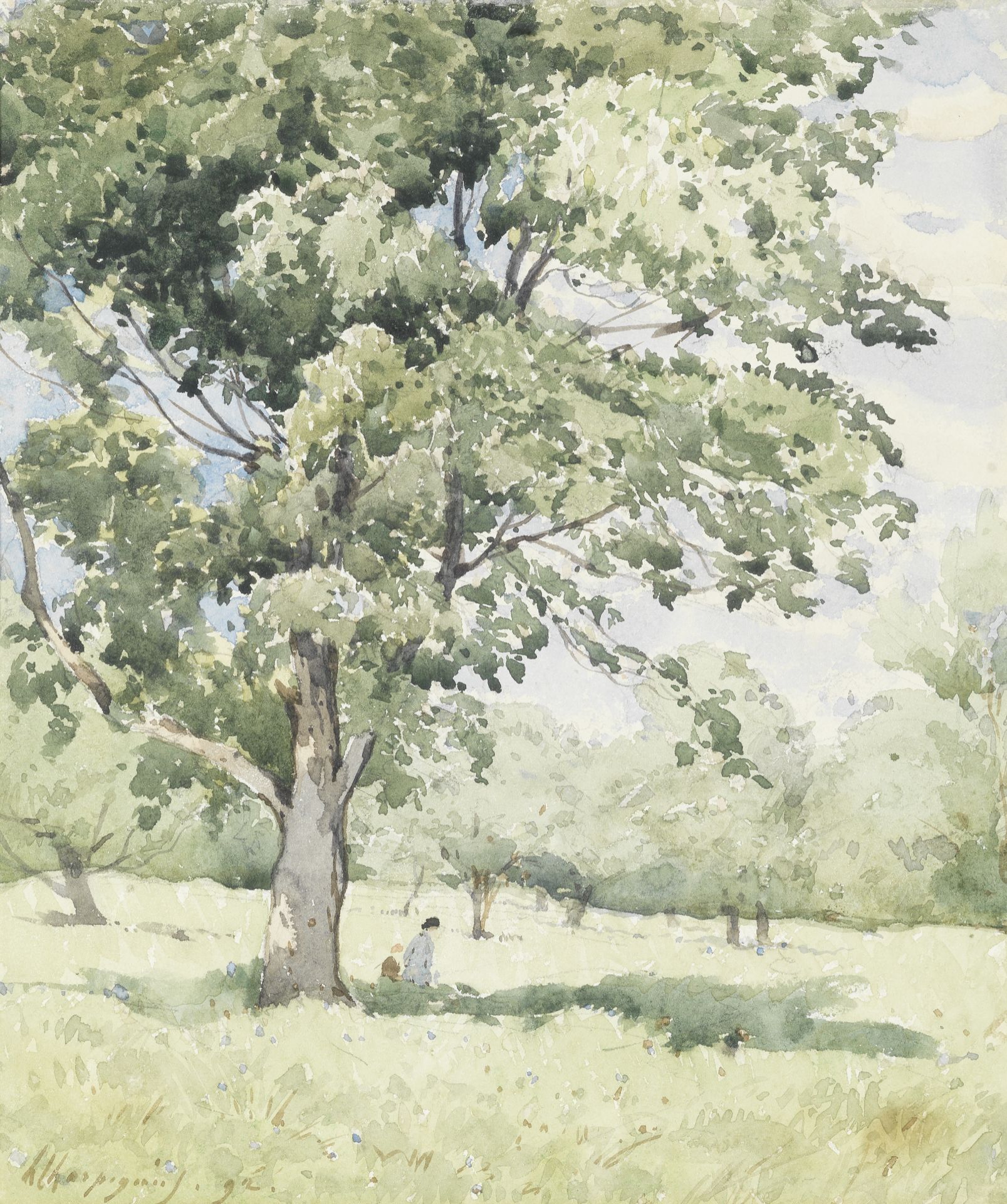 Henri Joseph Harpignies (French, 1819-1916) Paysage avec deux personnages devant un arbre