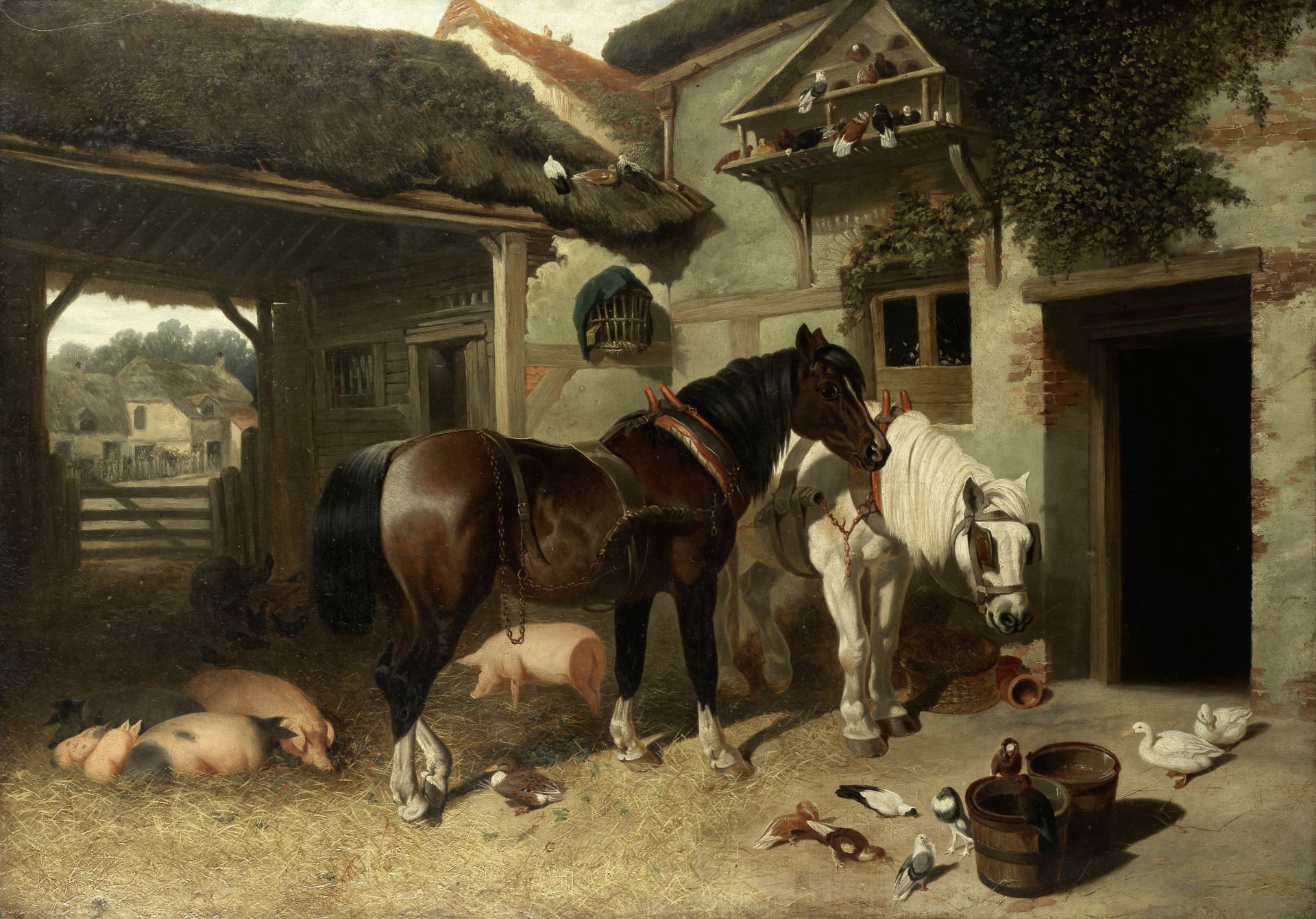 Manner of John Frederick Herring, Snr. Farm animals assembled in the yard