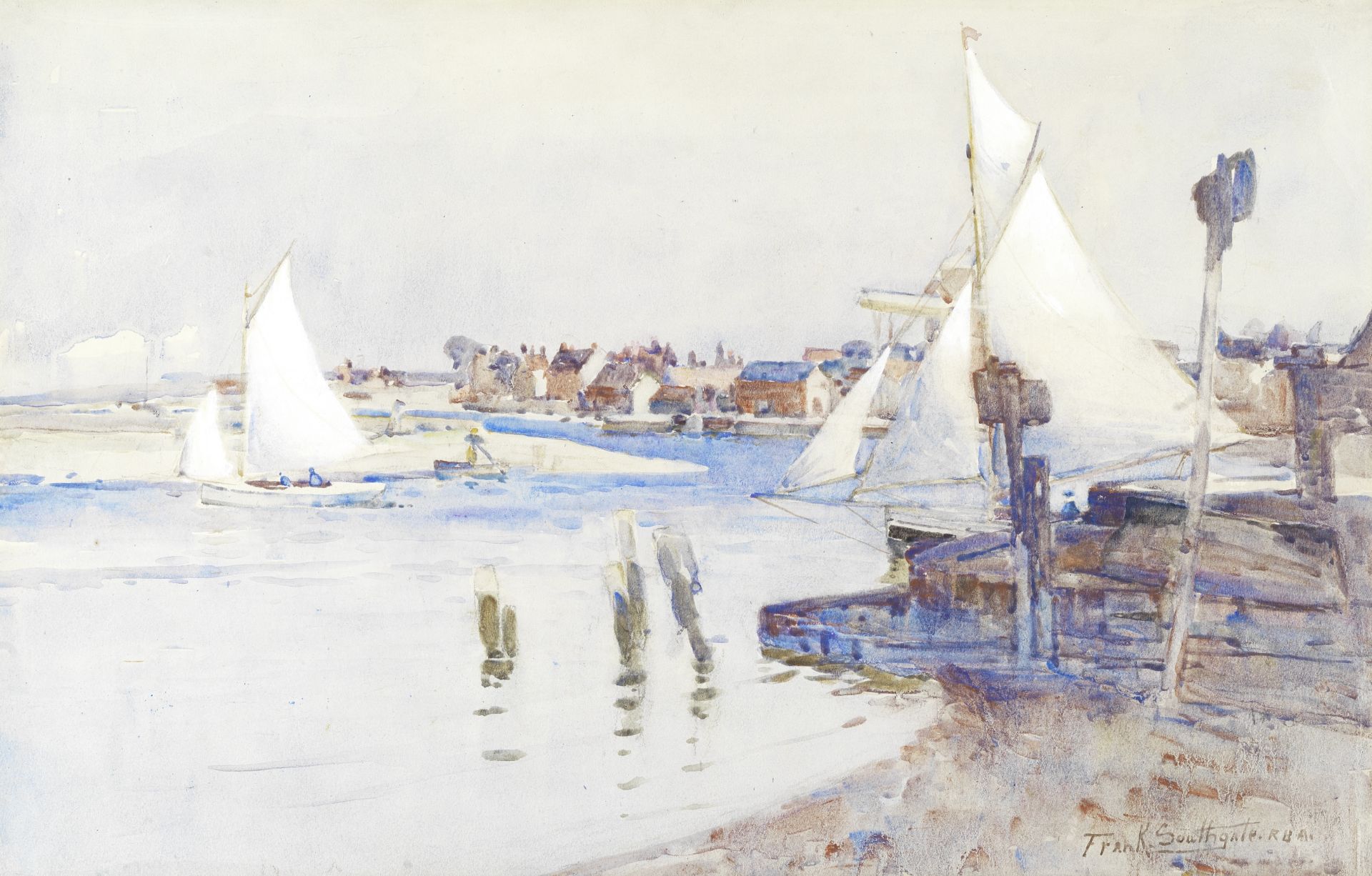 Frank Southgate, R.B.A. (British, 1872-1916) Wells Harbour, Norfolk and Drying her sails, Wells t...