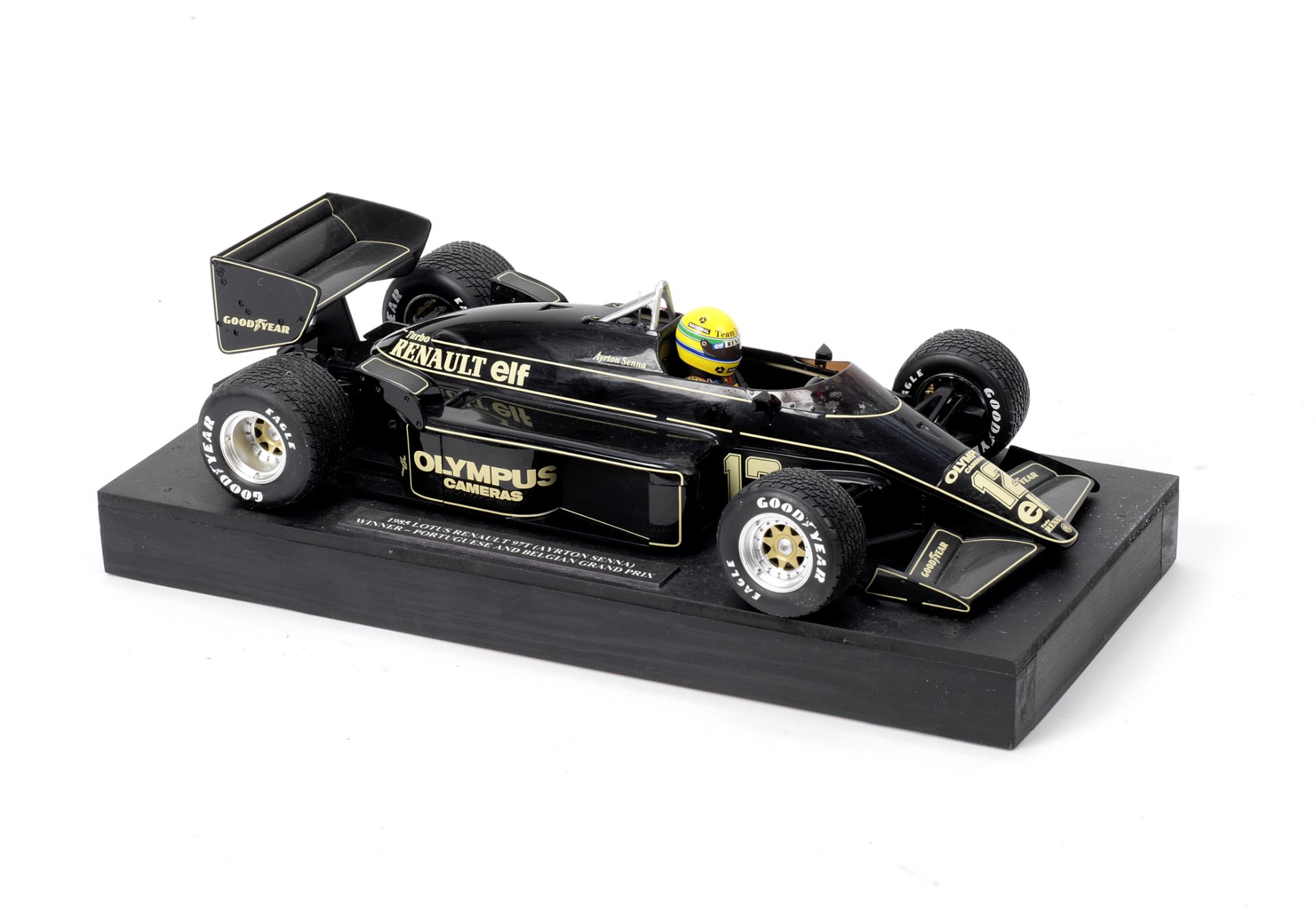 A 1:12 scale model of Ayrton Senna's 1985 Portuguese and Belgian Grand Prix winning Lotus-Renault...