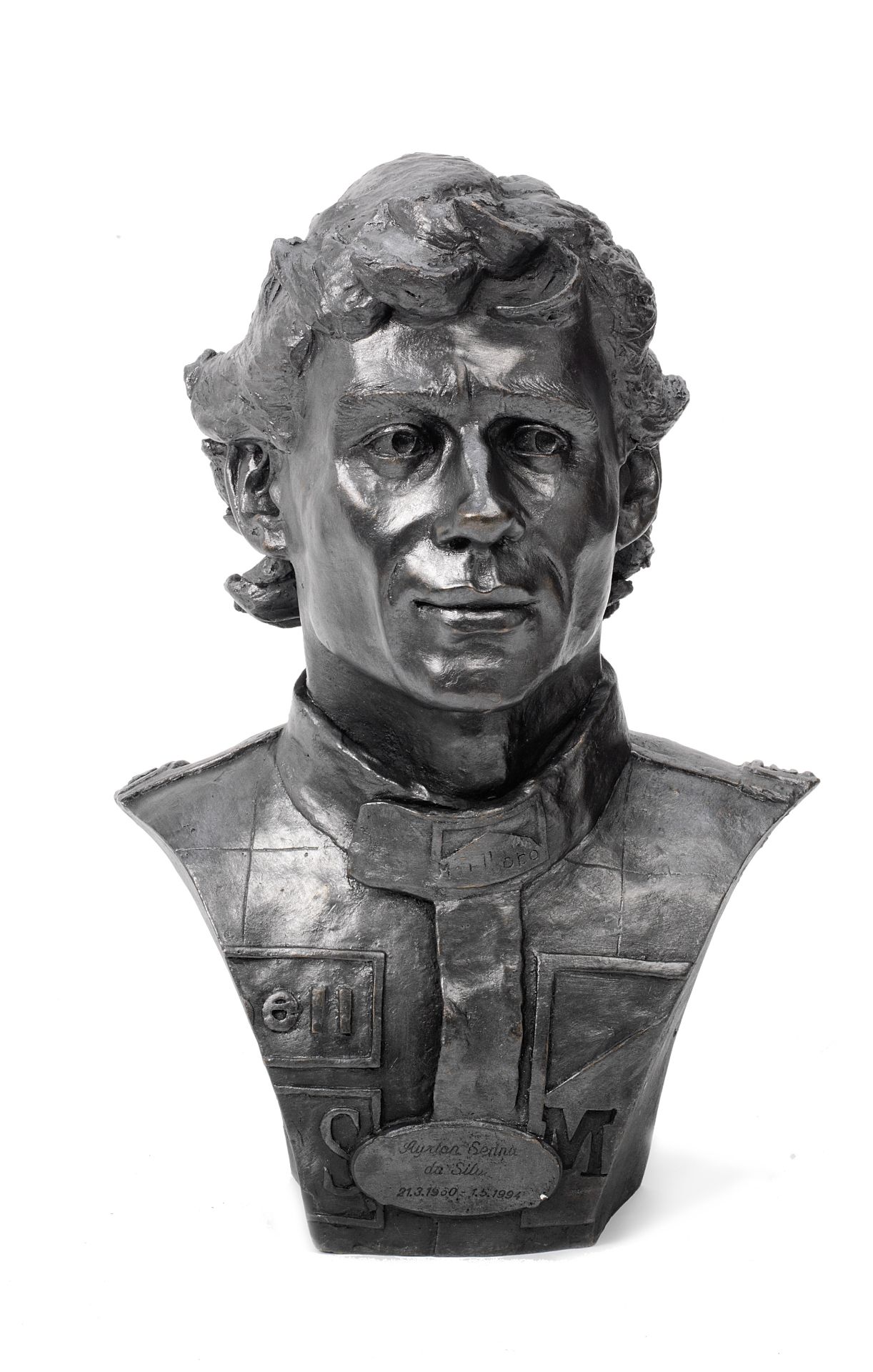 A cast bronze bust of Ayrton Senna by Sean Rice,
