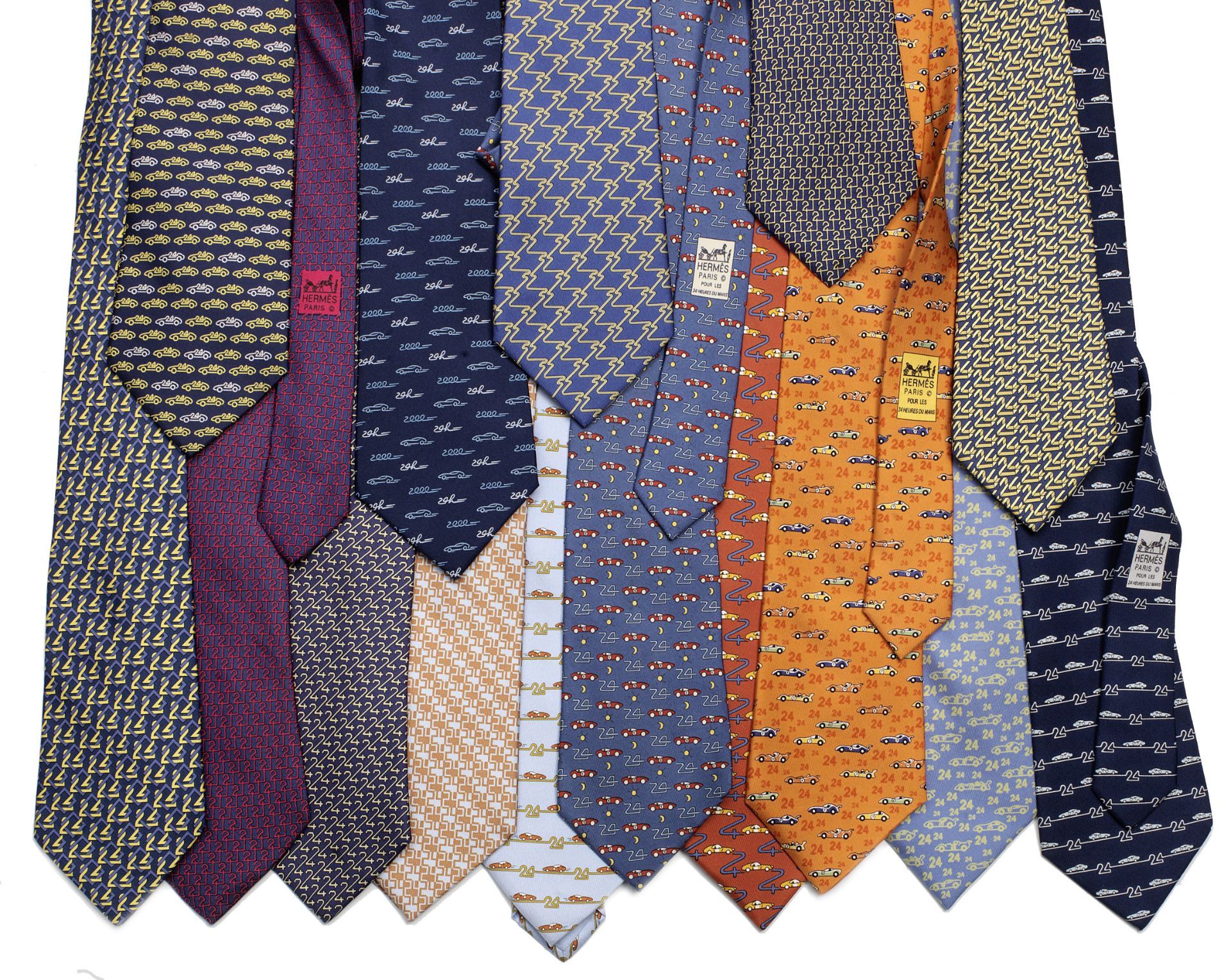 A collection of fifteen 'Le Mans 24-Hours' silk ties by Hermes,