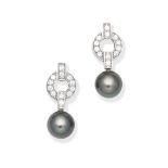 CARTIER: 'HIMALIA' CULTURED PEARL AND DIAMOND PENDENT EARRINGS