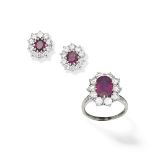 RUBY AND DIAMOND CLUSTER RING AND EARRING SUITE (2)