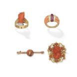 TWO CORAL RINGS AND TWO CORAL BROOCHES (4)
