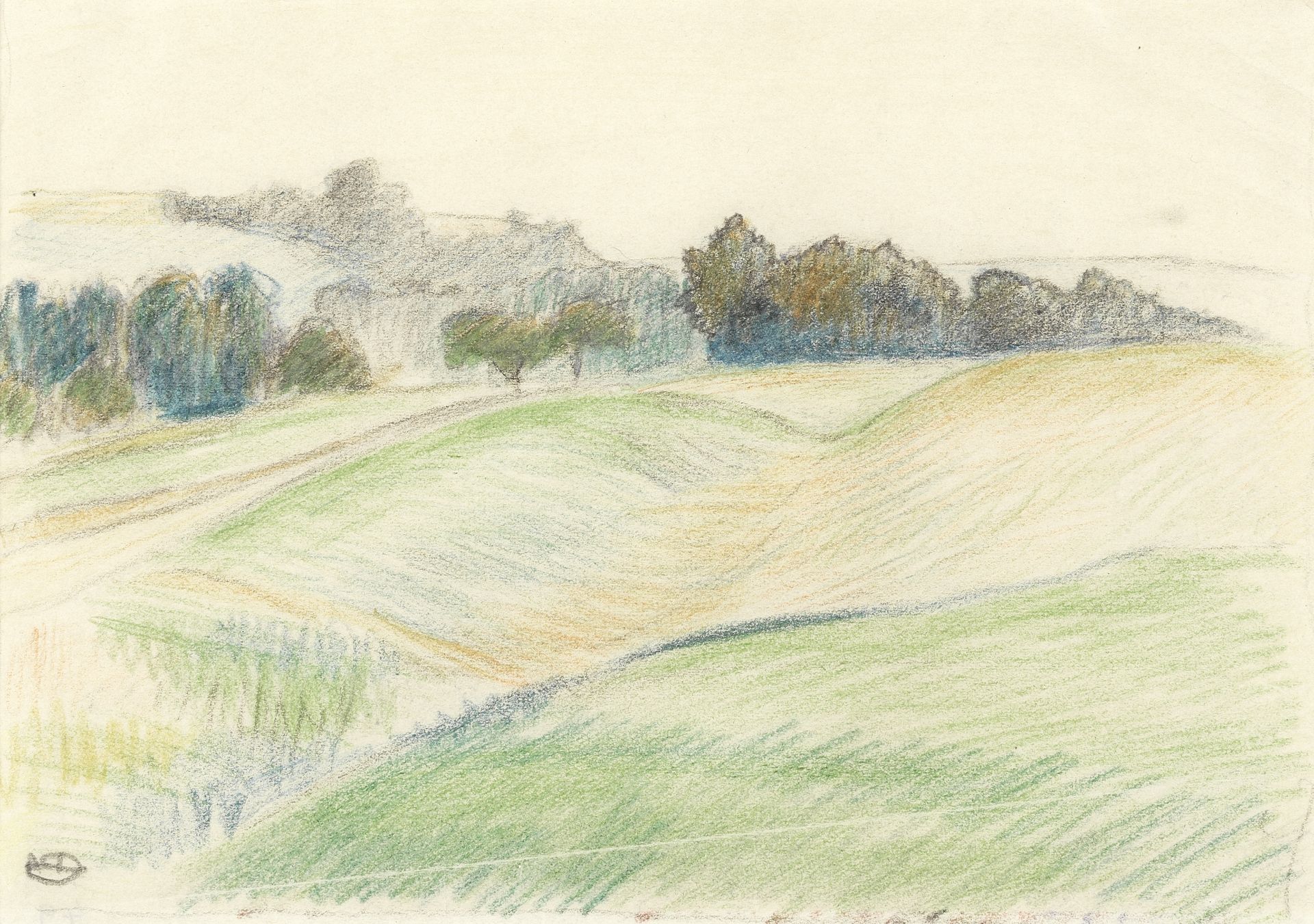 Lucien Pissarro (British, 1863-1944) French Landscape (together with two further coloured pencil ...