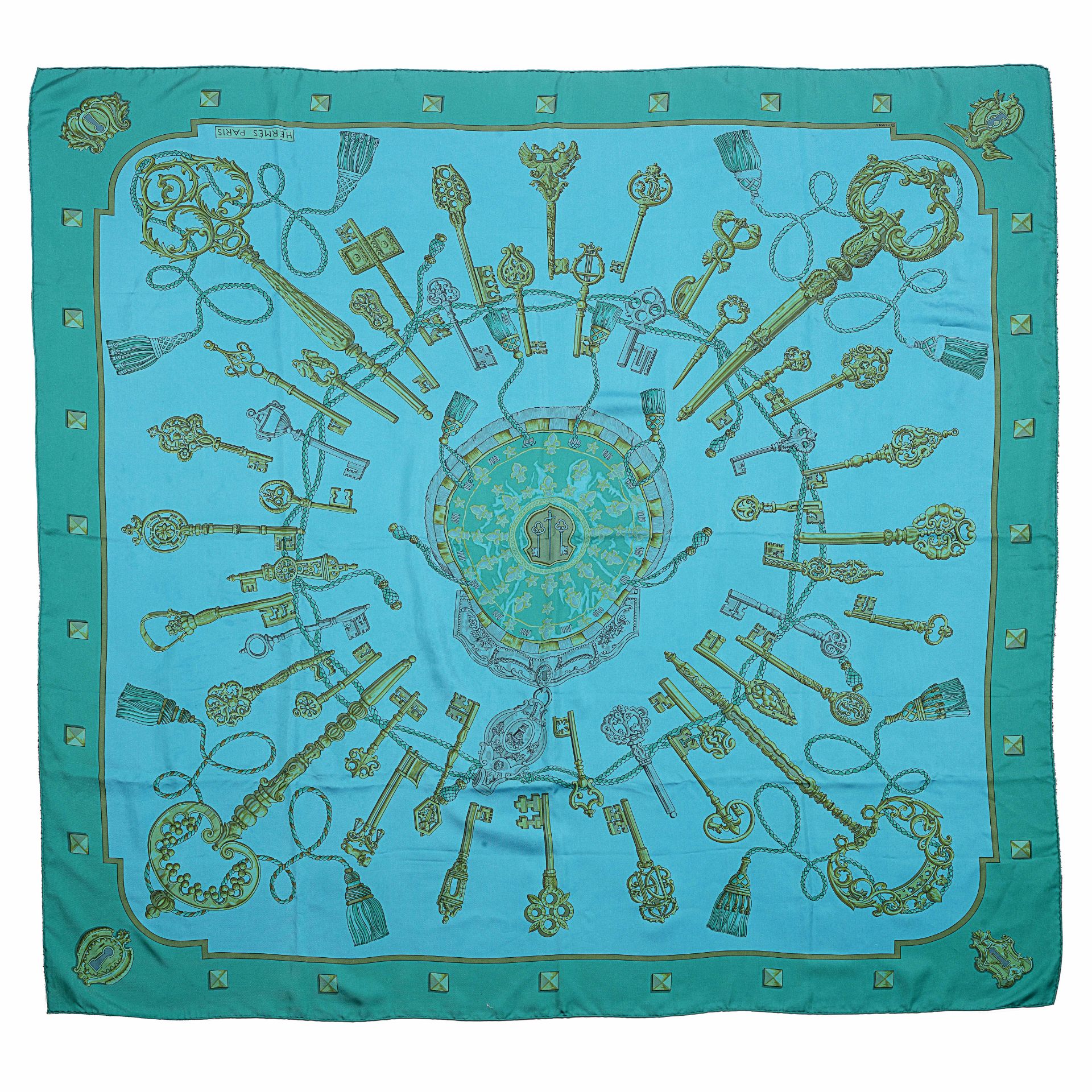 Dark Turquoise Dip Dye 'Les Clefs' Shawl, Hermes,