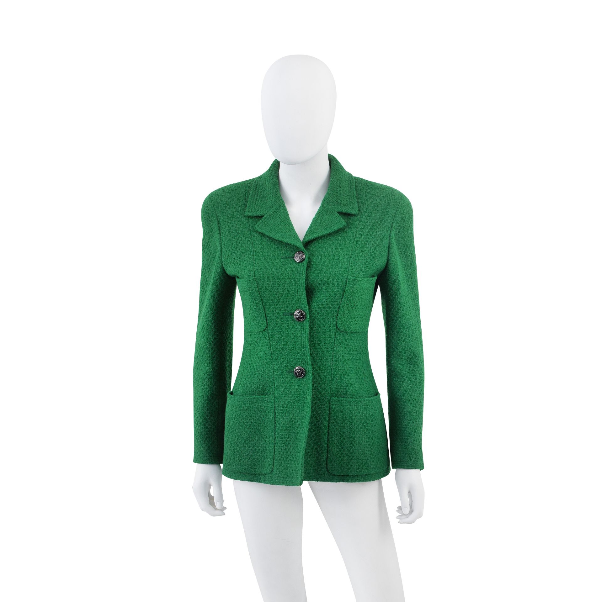 Green Boucle Jacket, Chanel, early 1990s collection 29, (Includes a set of the original gilt bas...