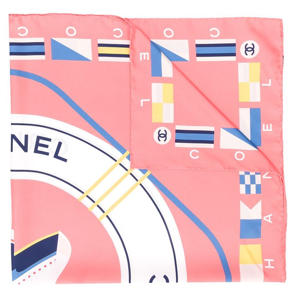 Peach CC Cruise Print Silk Scarf, Chanel,