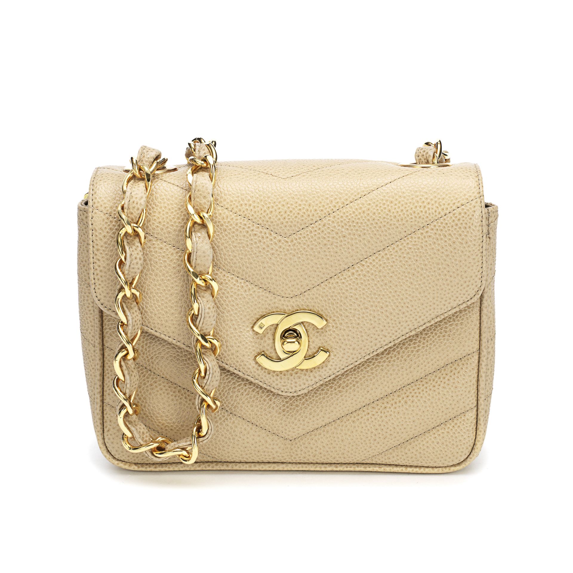 Beige Chevron Envelope Square Flap Bag, Chanel, c. 1994-96, (Includes serial sticker, authenticit...