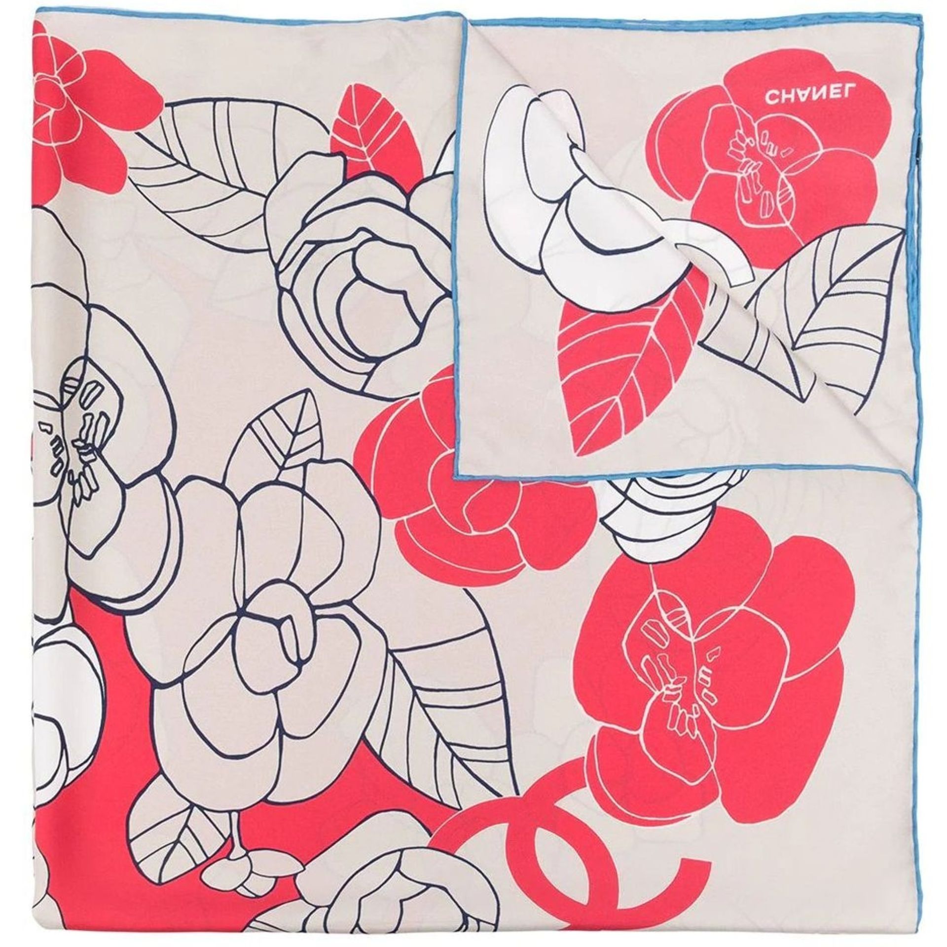Beige And Red Camellia Print Silk Scarf, Chanel,