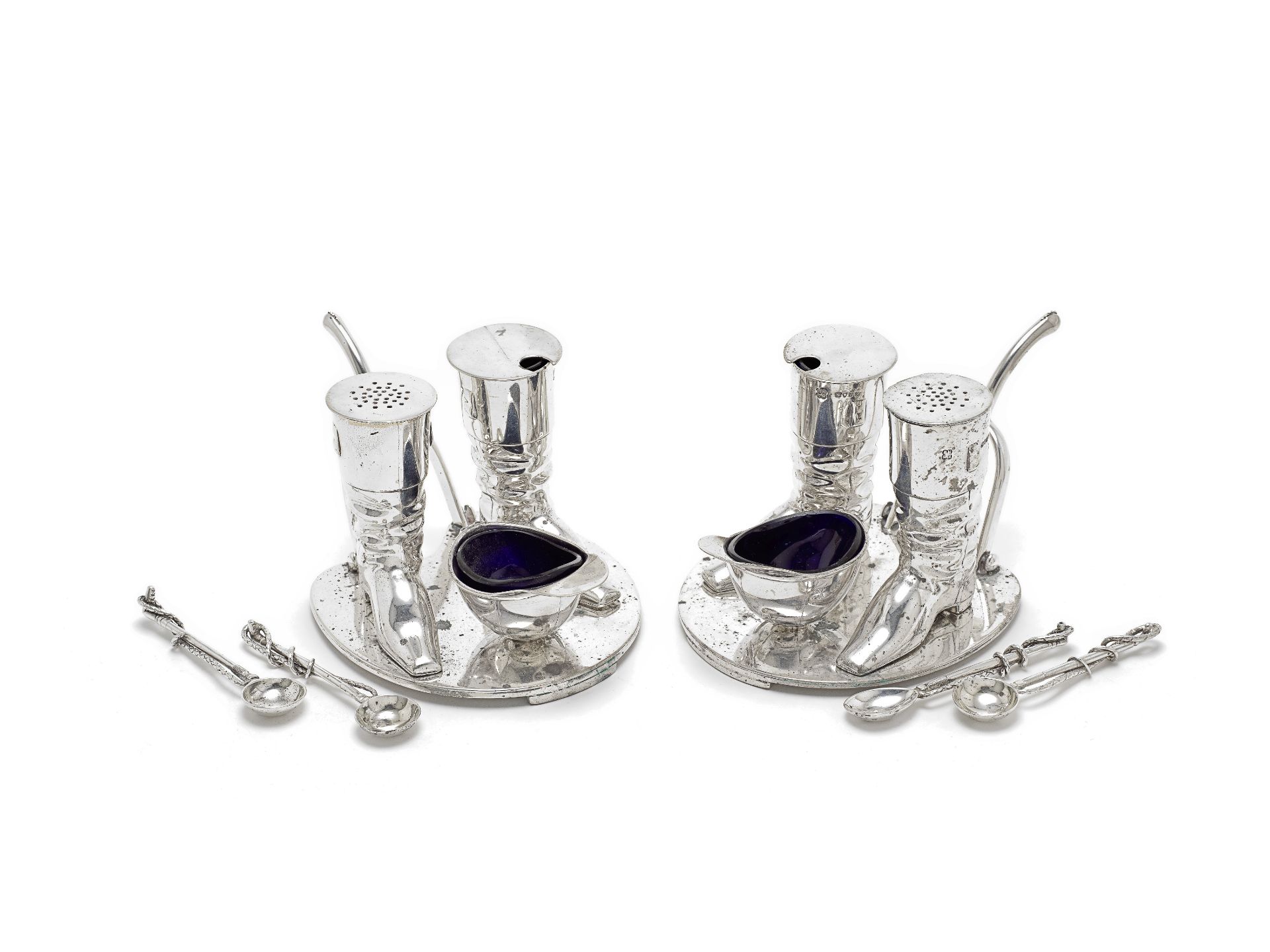 A pair of novelty Victorian silver cruets Richard Hodd & Son, London 1871, one spoon a later repl...