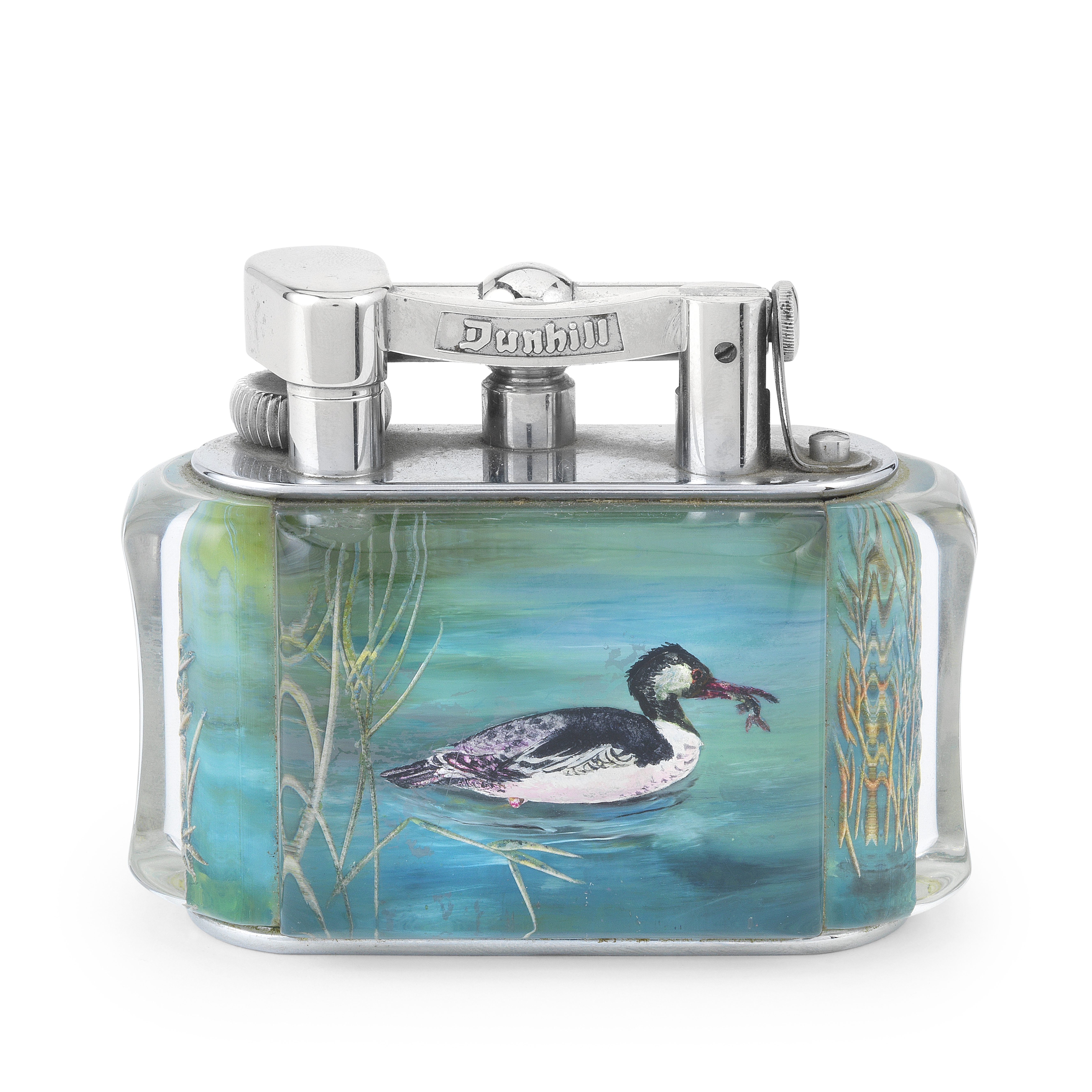 DUNHILL: a rare electroplated and lucite 'Aviary' table lighter