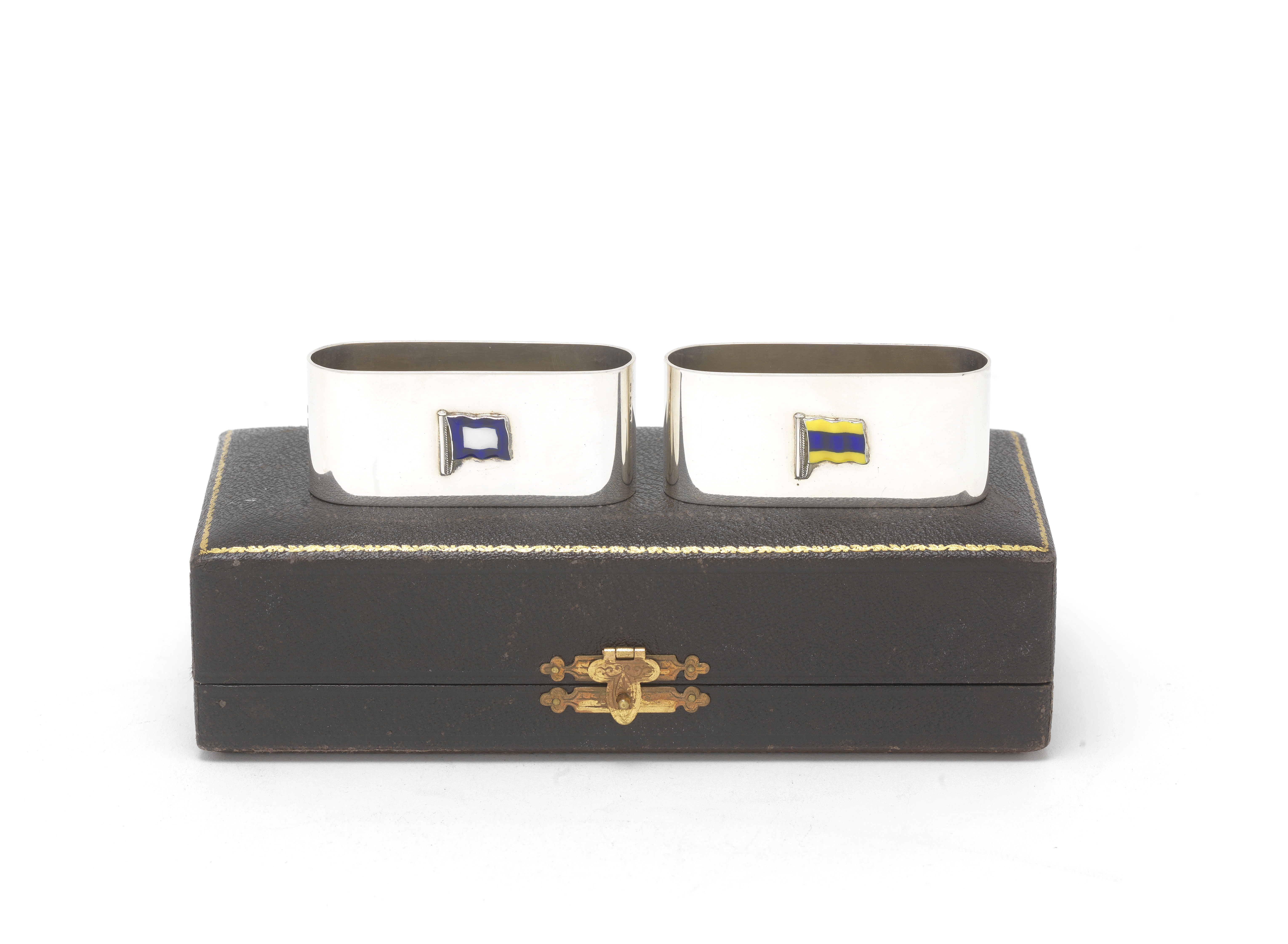 A pair of silver and enamel signal flag napkin rings Gieves Ltd, Birmingham 1936