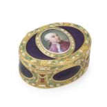 A 19th century gold and enamelled snuff box in the Louis XVI style bearing two sets of marks for ...