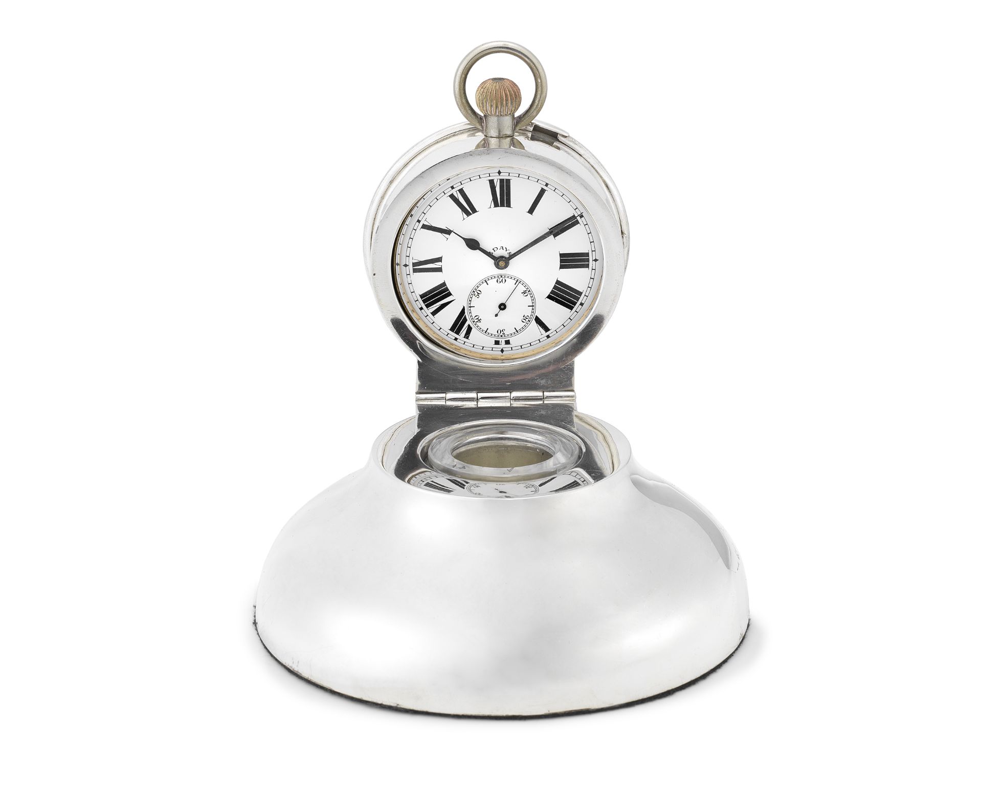An Edwardian silver timepiece inkwell Saunders & Shepherd, Chester 1907