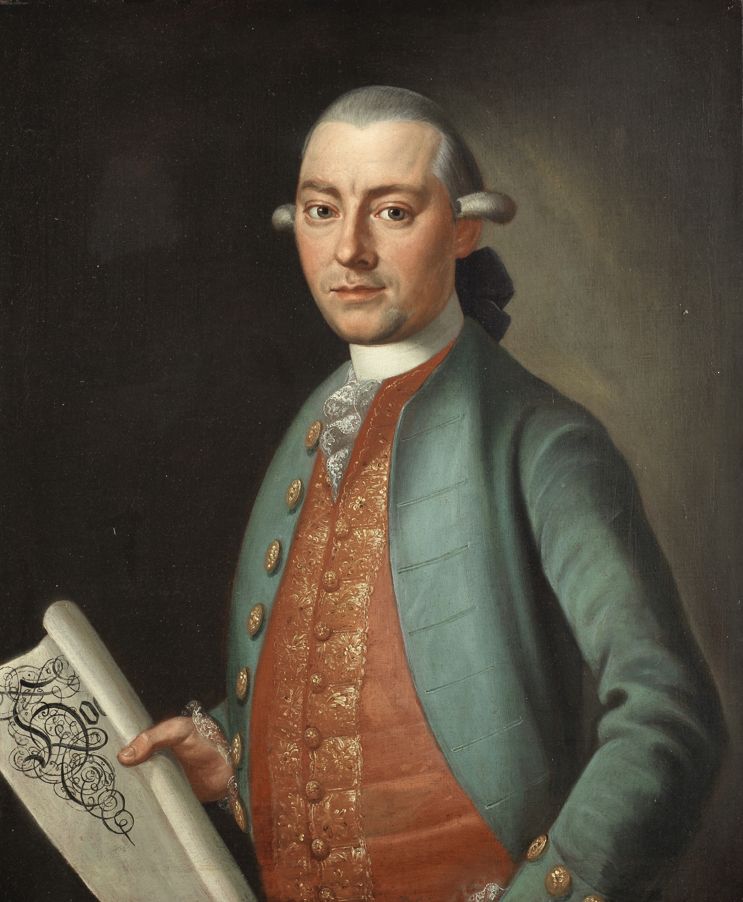 German School, 18th Century Portrait of a gentleman, half-length, in a green coat and embroidered...