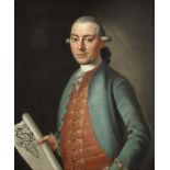 German School, 18th Century Portrait of a gentleman, half-length, in a green coat and embroidered...