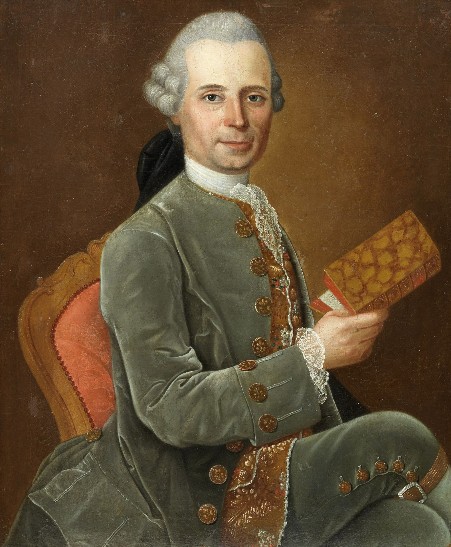 German School, 18th Century Portrait of a gentleman, three-quarter-length, seated, in a grey velv...