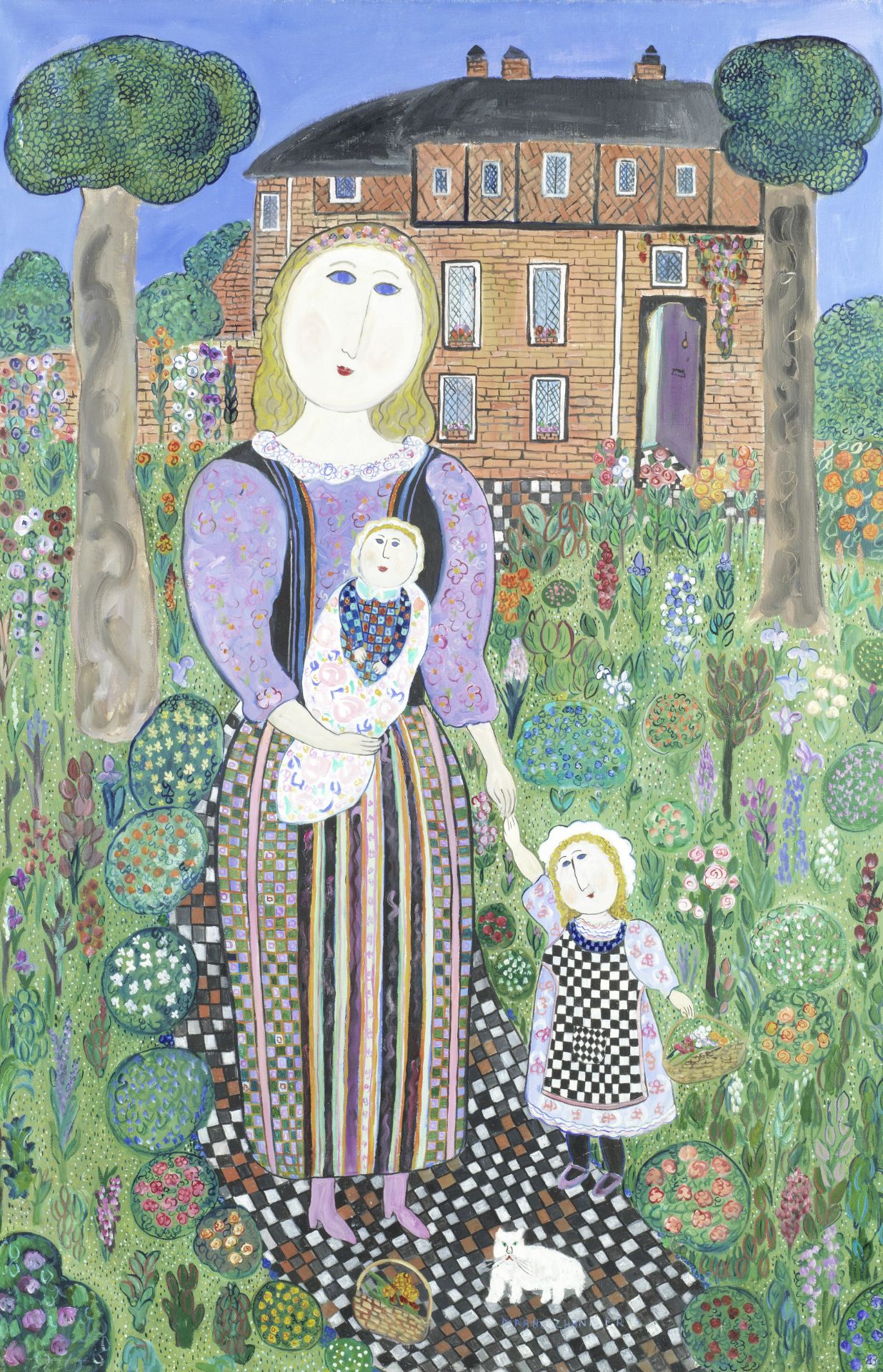 Dora Holzhandler (British, 1928-2015) Mother and Children in Garden (Painted in 1999)