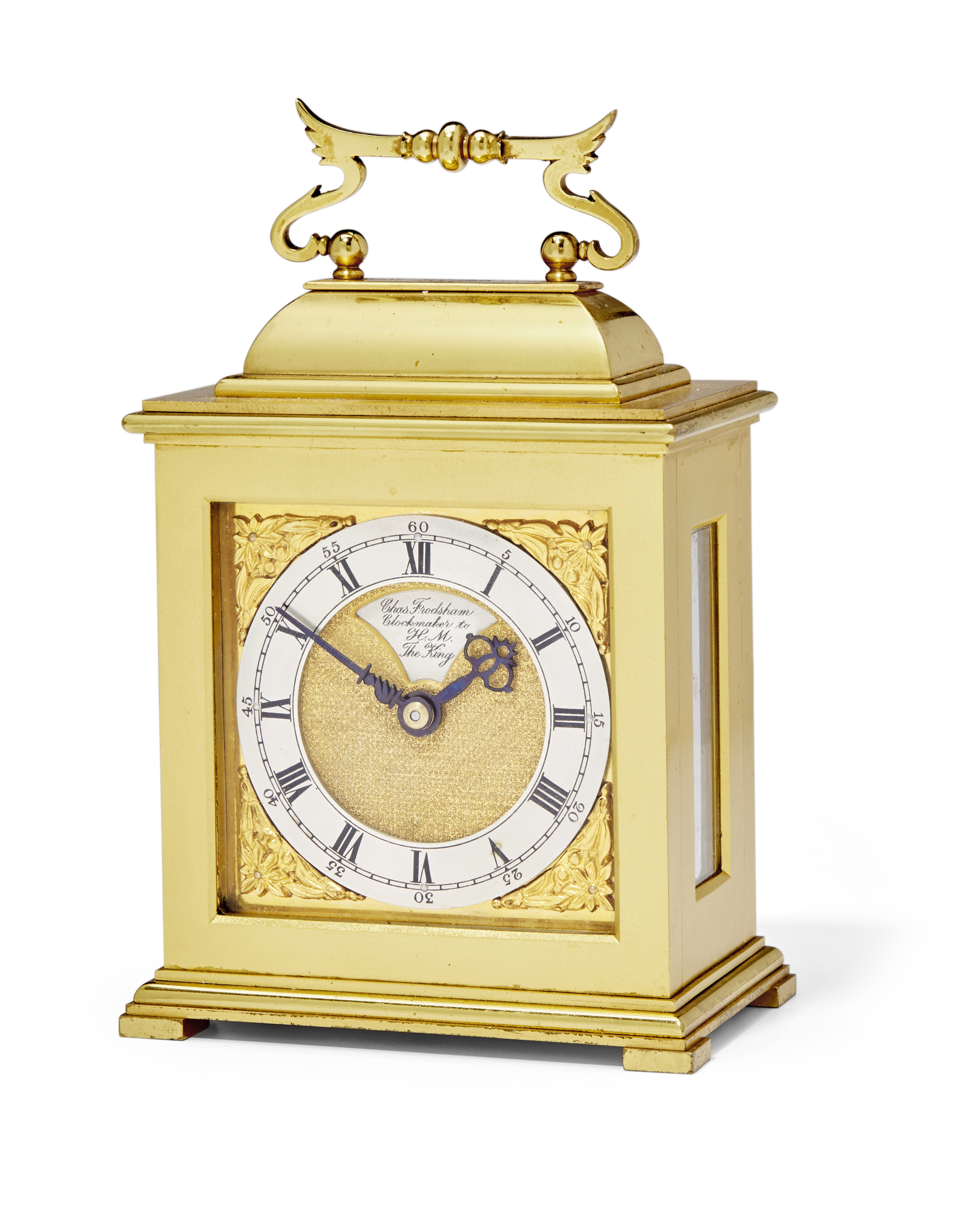 A good mid 20th century gilt timepiece in the form of a miniature bracket clock the dial signed C...