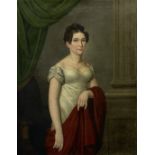 French School, 19th Century Portrait of a Lady, half length, with a red shawl unframed