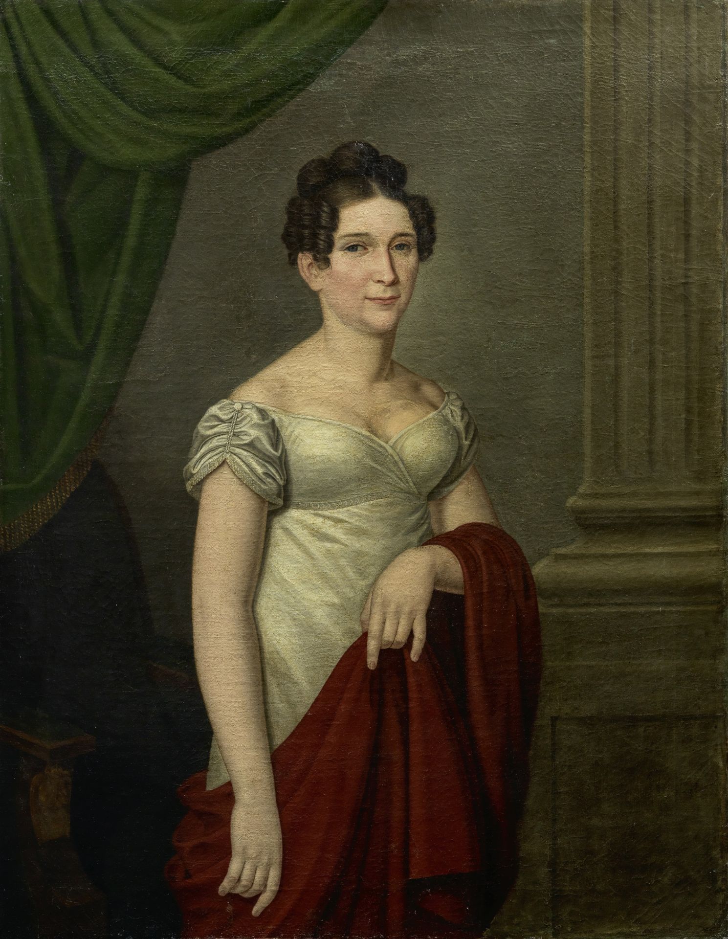 French School, 19th Century Portrait of a Lady, half length, with a red shawl unframed