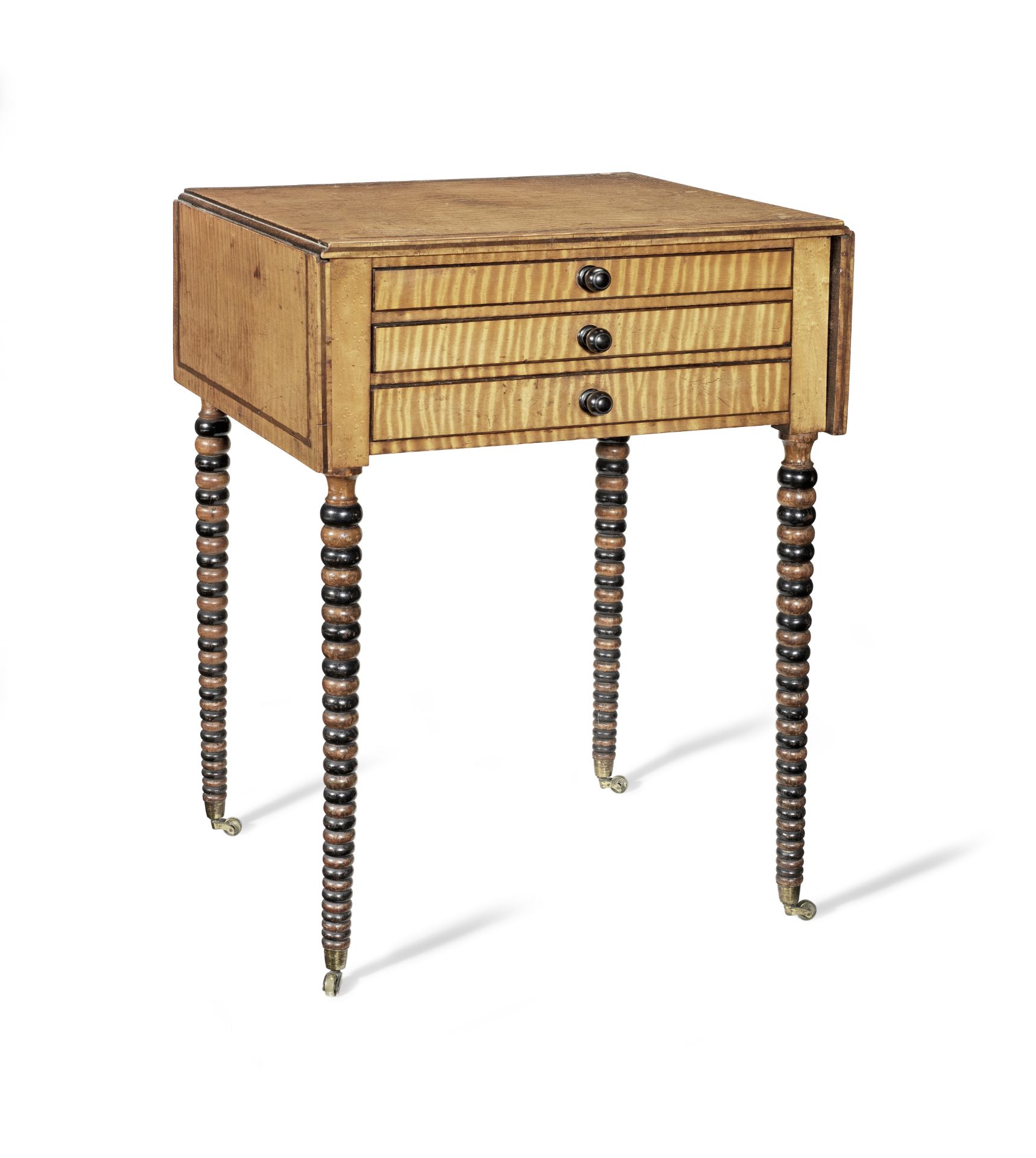 A Regency satinbirch, purplewood line-inlaid and ebonised Pembroke work table