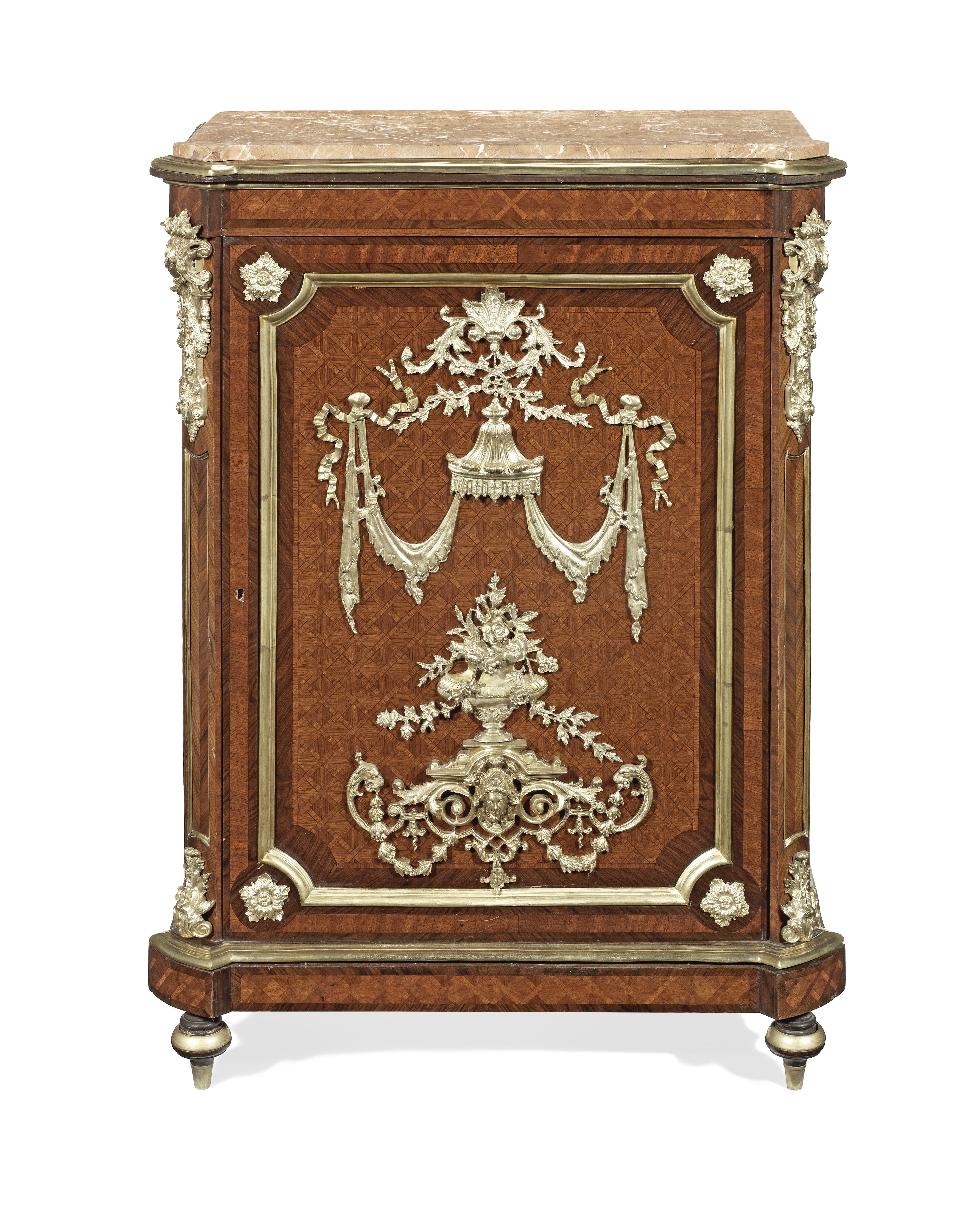 A French 19th century gilt bronze mounted rosewood, bois satine and tulipwood parquetry meuble d'...