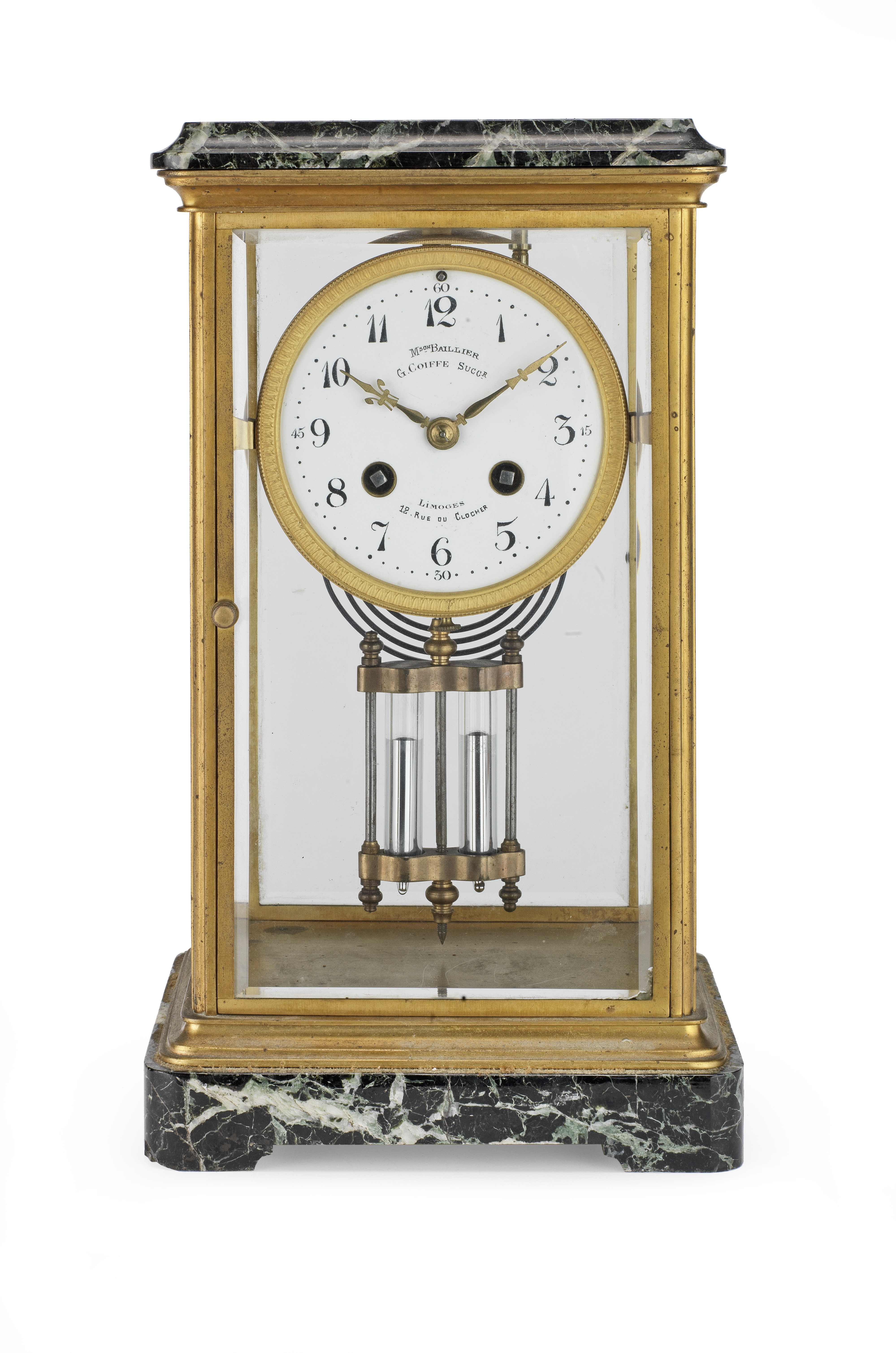 A late 19th century French four-glass mantel clock with twin mercury jar pendulum retailed by Mai...