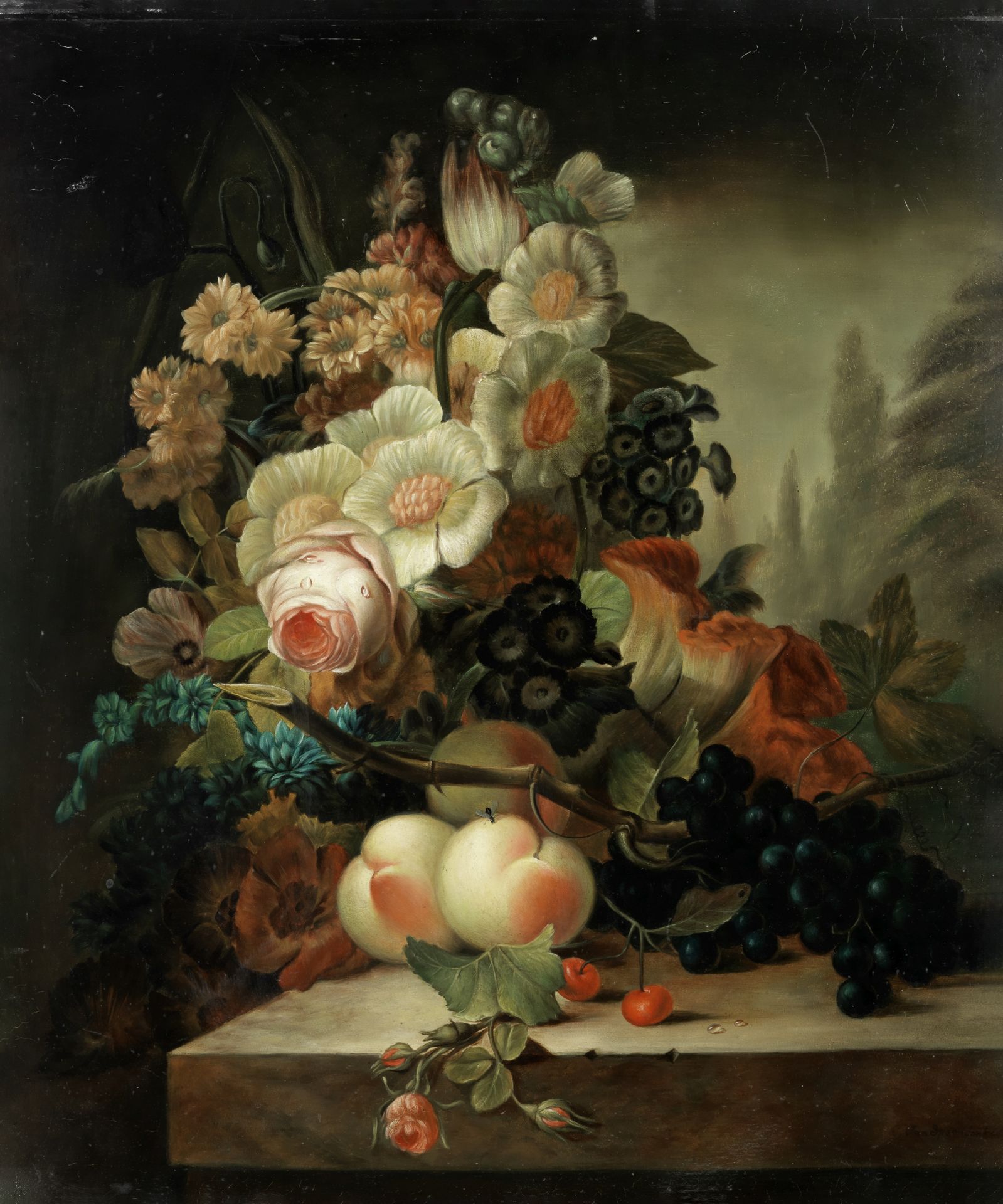 Manner of Cornelis van Spaendonck Still life of flowers and fruit on a pedestal