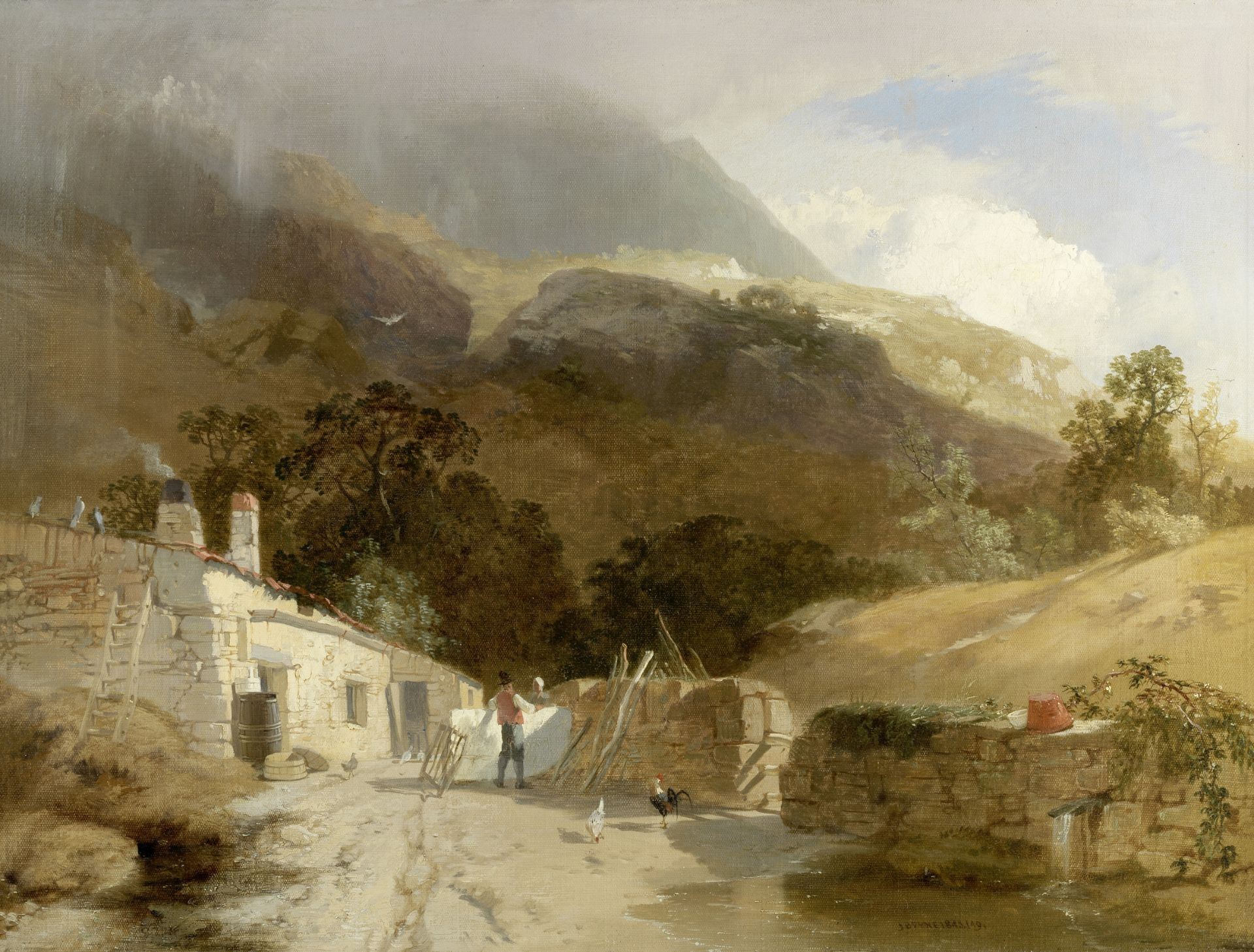 Manner of James Baker Pyne Farm buildings in a valley