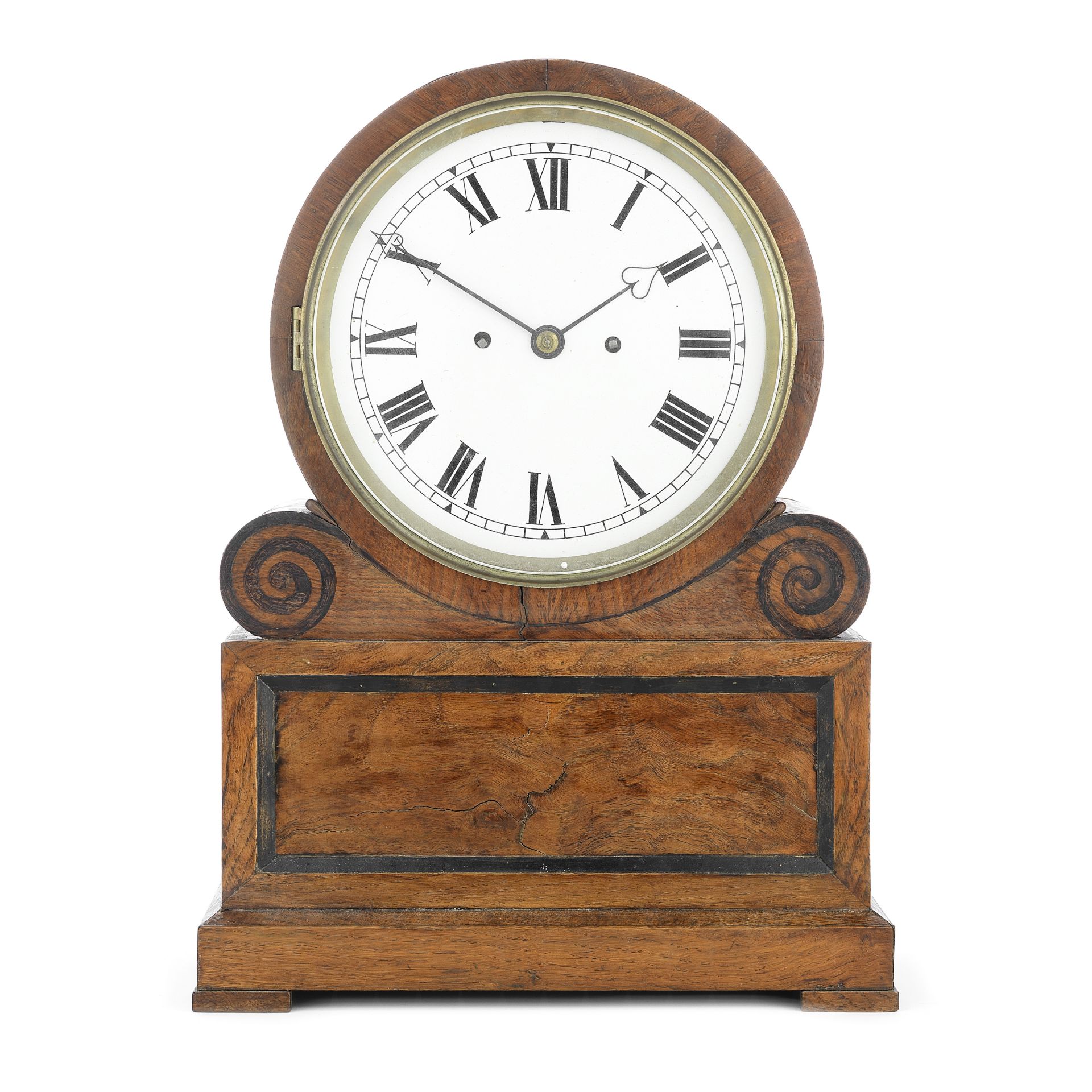 A late 19th century figured oak and ebonised banded drum table clock with repeat the movement sig...
