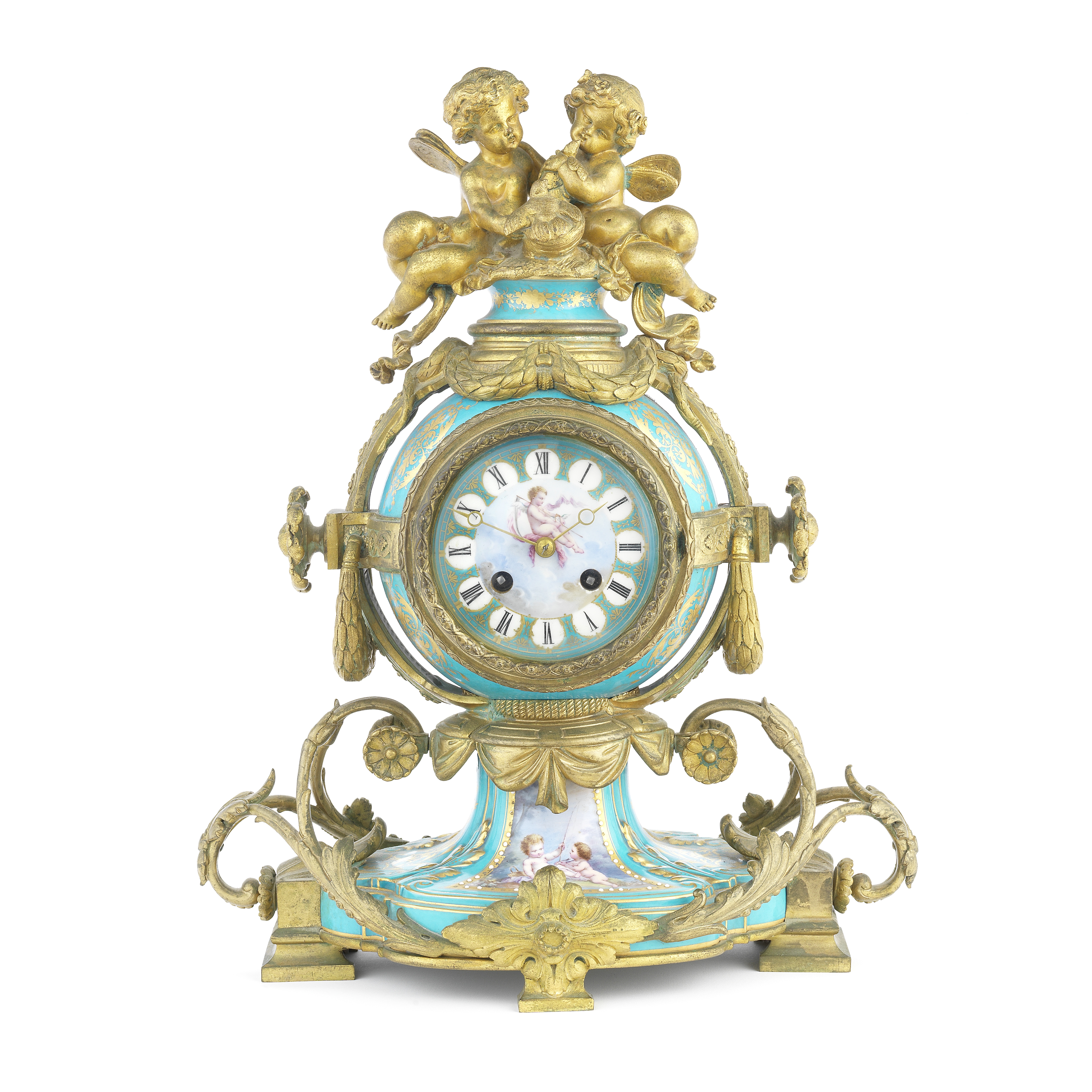 A late 19th century French gilt bronze mounted S&#232;vres-style porcelain figural mantel clock ...